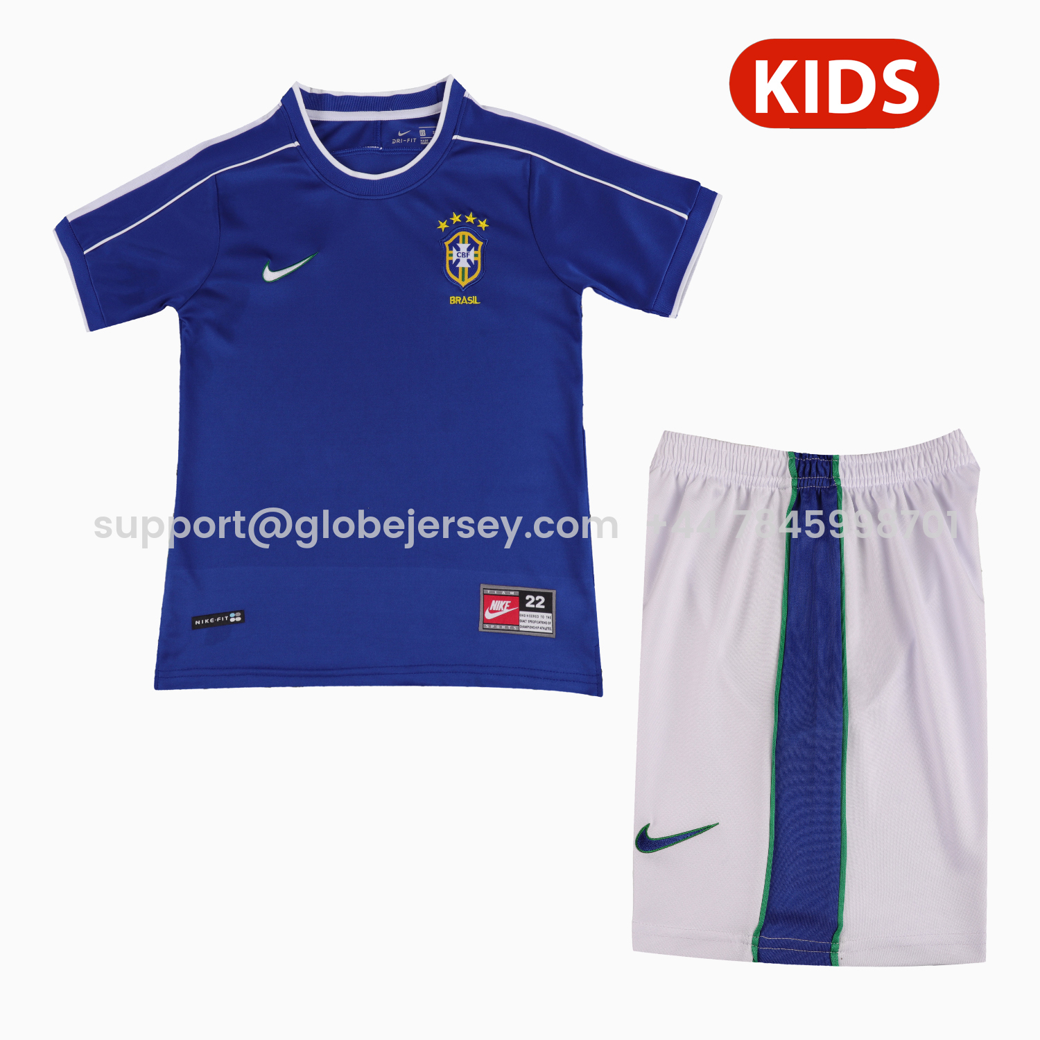 GlobeJersey-Retro Brazil 1998 Away Kids Kit