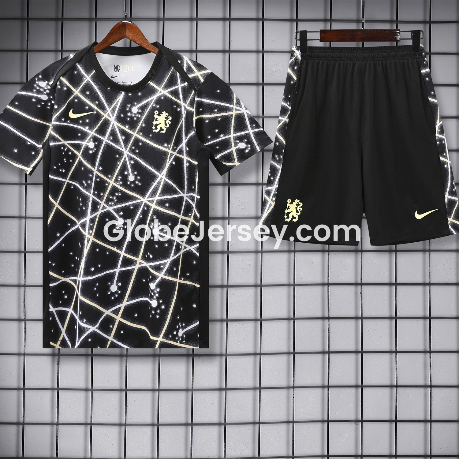 GlobeJersey-C.H.E.L.S.E.A 25-26 Short-Sleeve Training Set - Yellow Fluorescent Rays Black Top & Black Shorts