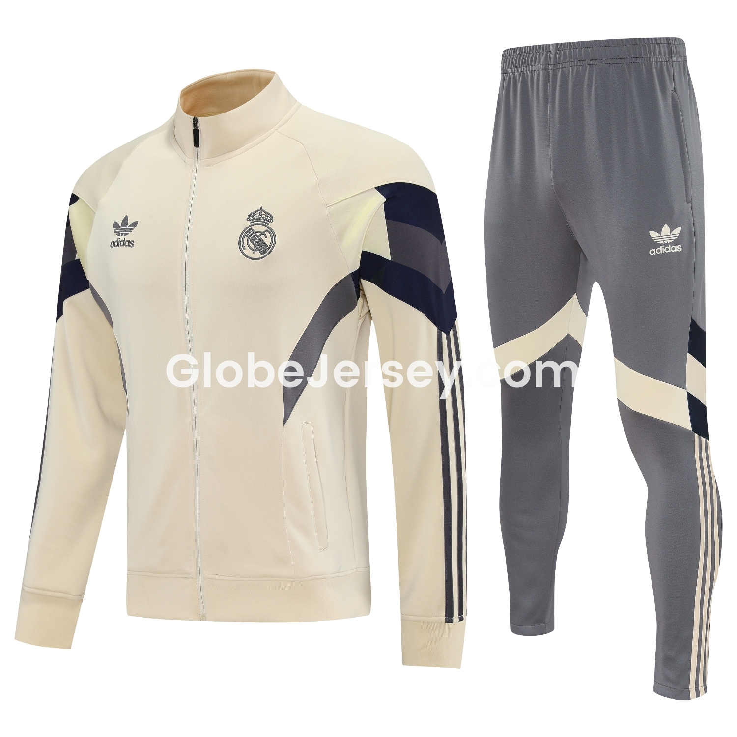 GlobeJersey-Real Madrid 25-26 Throwback Jacket Training Tracksuit - Off-white Jackets & Grey Pants