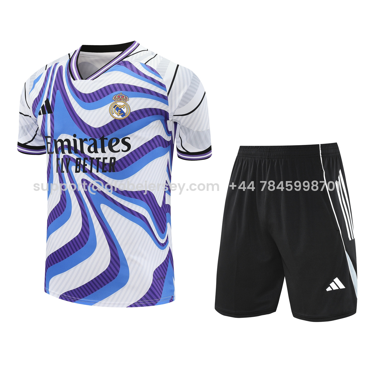 GlobeJersey-Real Madrid 25-26 Short-Sleeve Training Set - Blue Purple Curve Pattern Top & Black Shorts