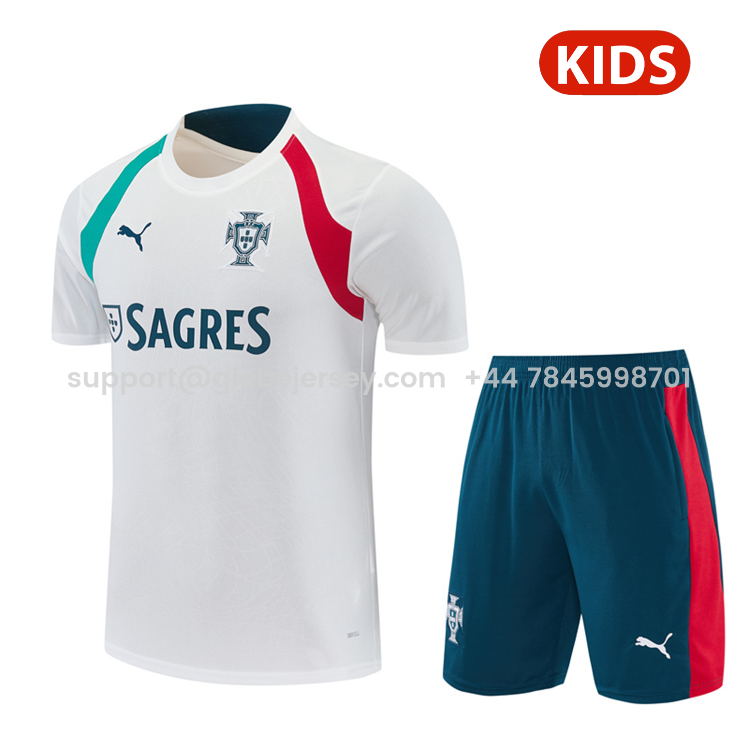 GlobeJersey-Portugal 2026 Kids Short-Sleeve Training Set - White With Red And Green Accents Top & Dark Blue Pants