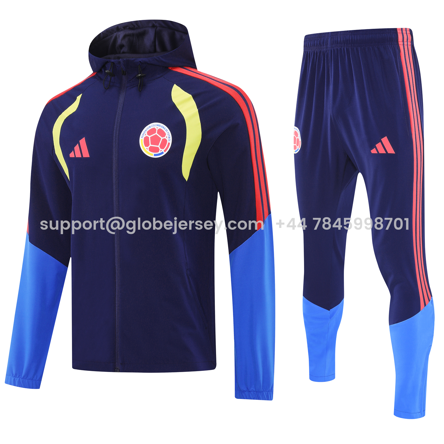 GlobeJersey-Colombia 2026 Hooded Windbreaker Training Set - Dark Blue and Pants