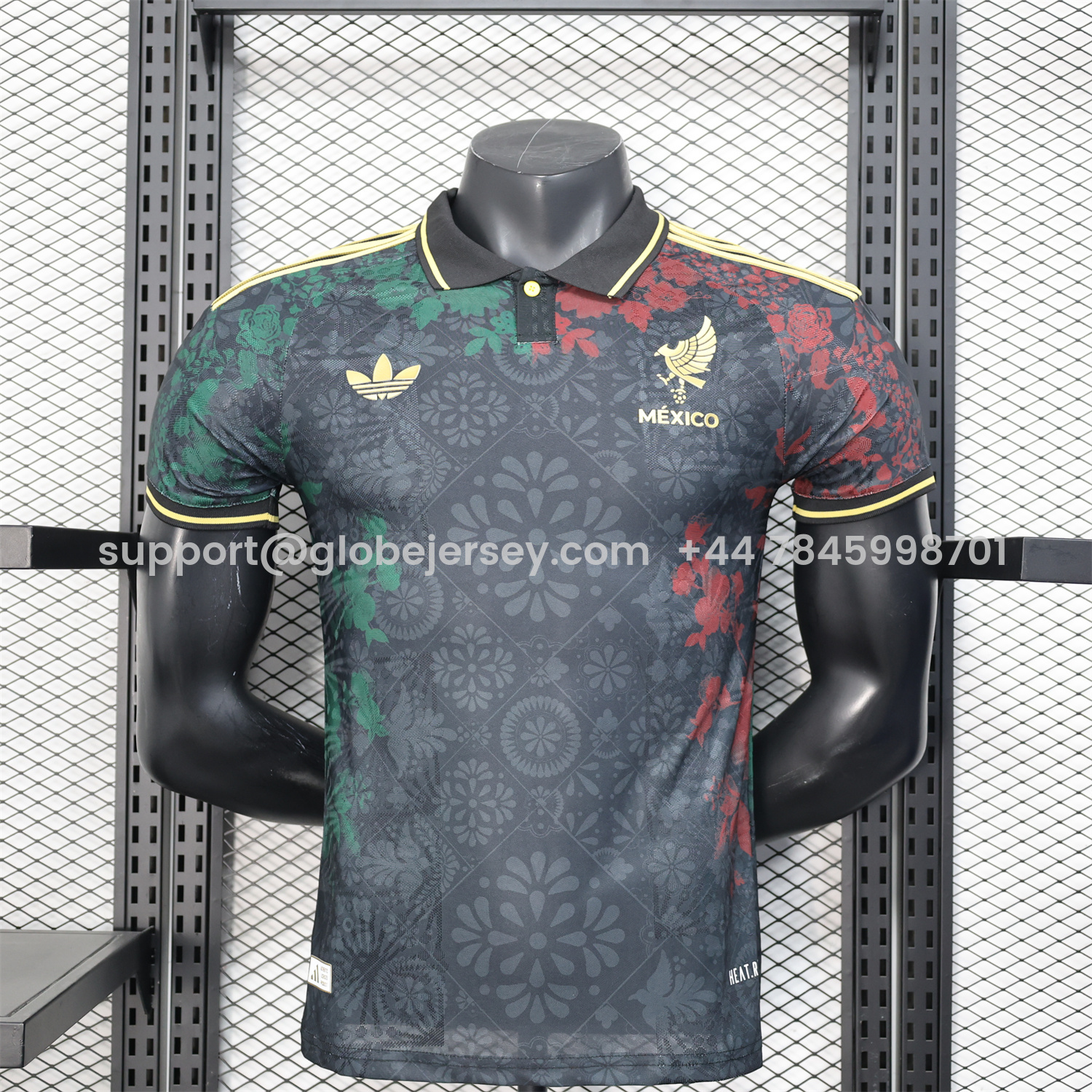 GlobeJersey-Mexico 25-26 Black Polo Jersey with Red and Green Floral Pattern - Player Version
