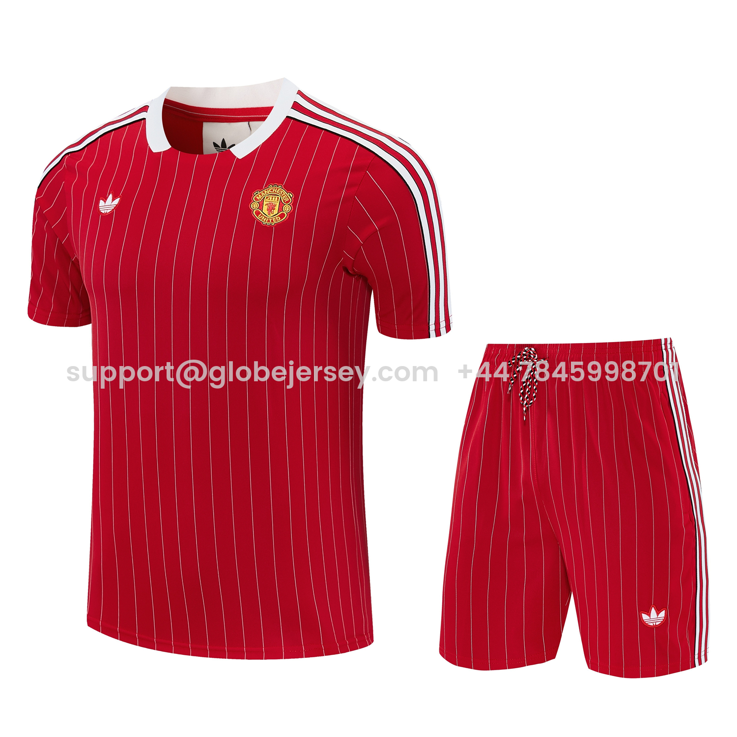 GlobeJersey-Manchester United 25-26 Retro Style Short-Sleeve Training Set - Red With White Stripes Top & Pants