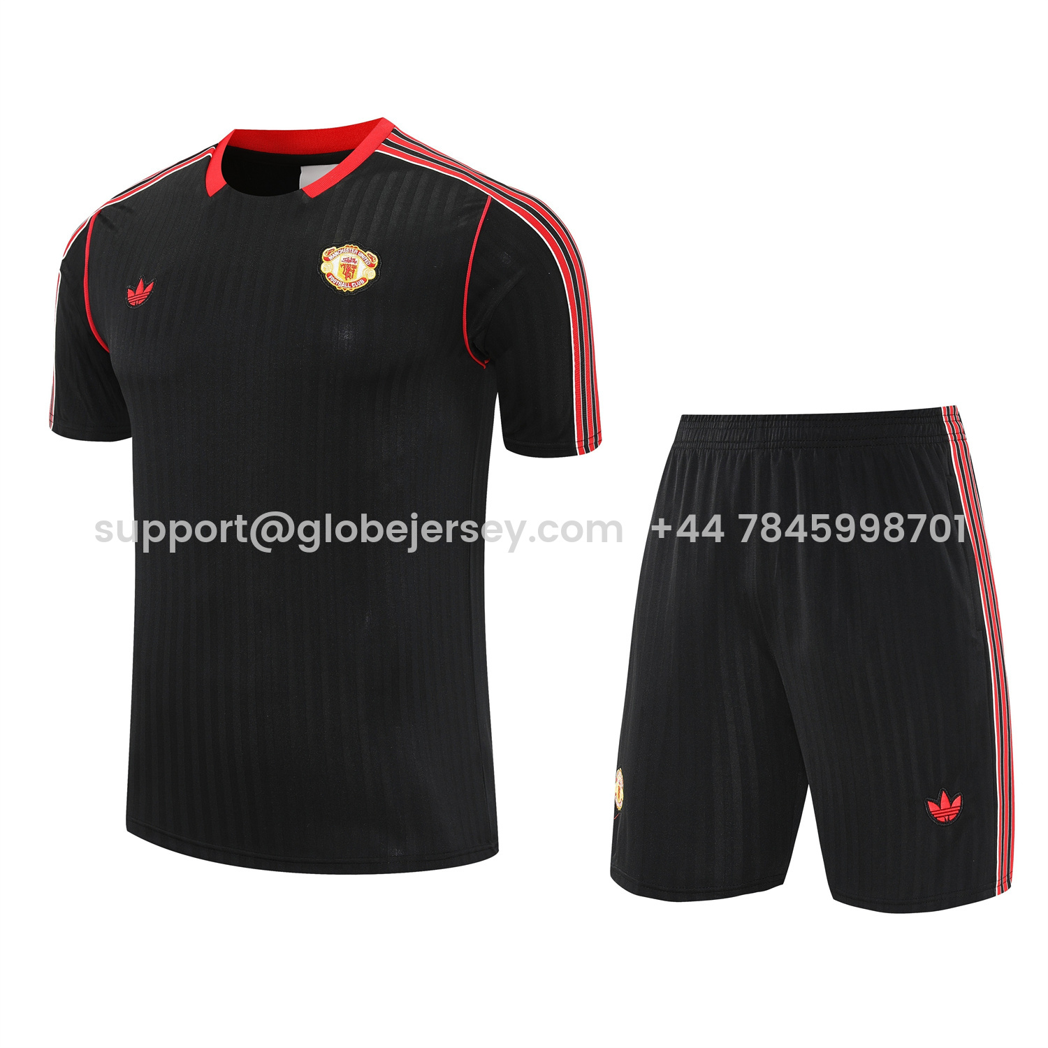 GlobeJersey-Manchester United 25-26 Short-Sleeve Training Set - Red Lines Black Top & Black Shorts