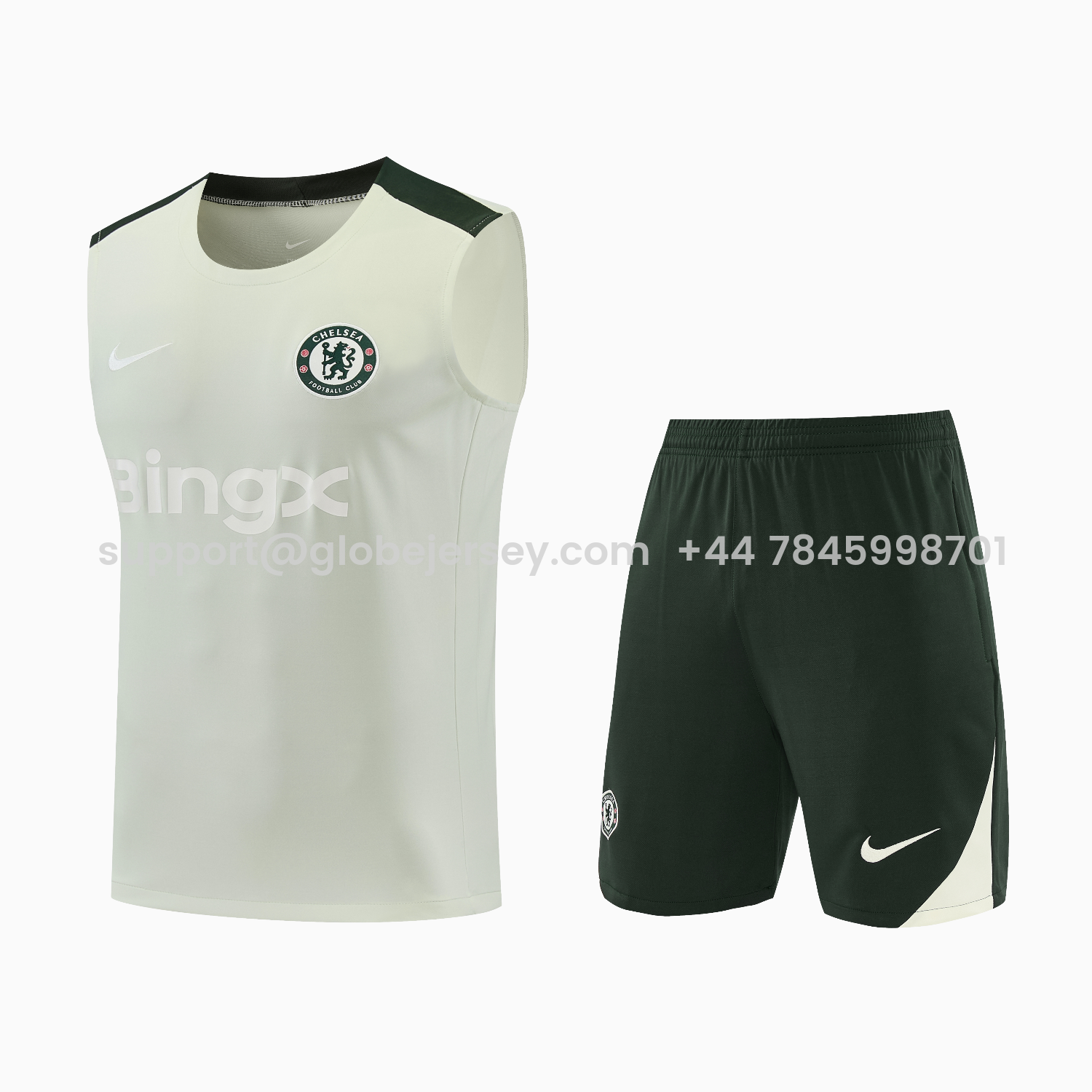 GlobeJersey-C.H.E.L.S.E.A 25-26 Vest Training Set - Light Gray With Dark Green Accents Top & Dark Green Pants