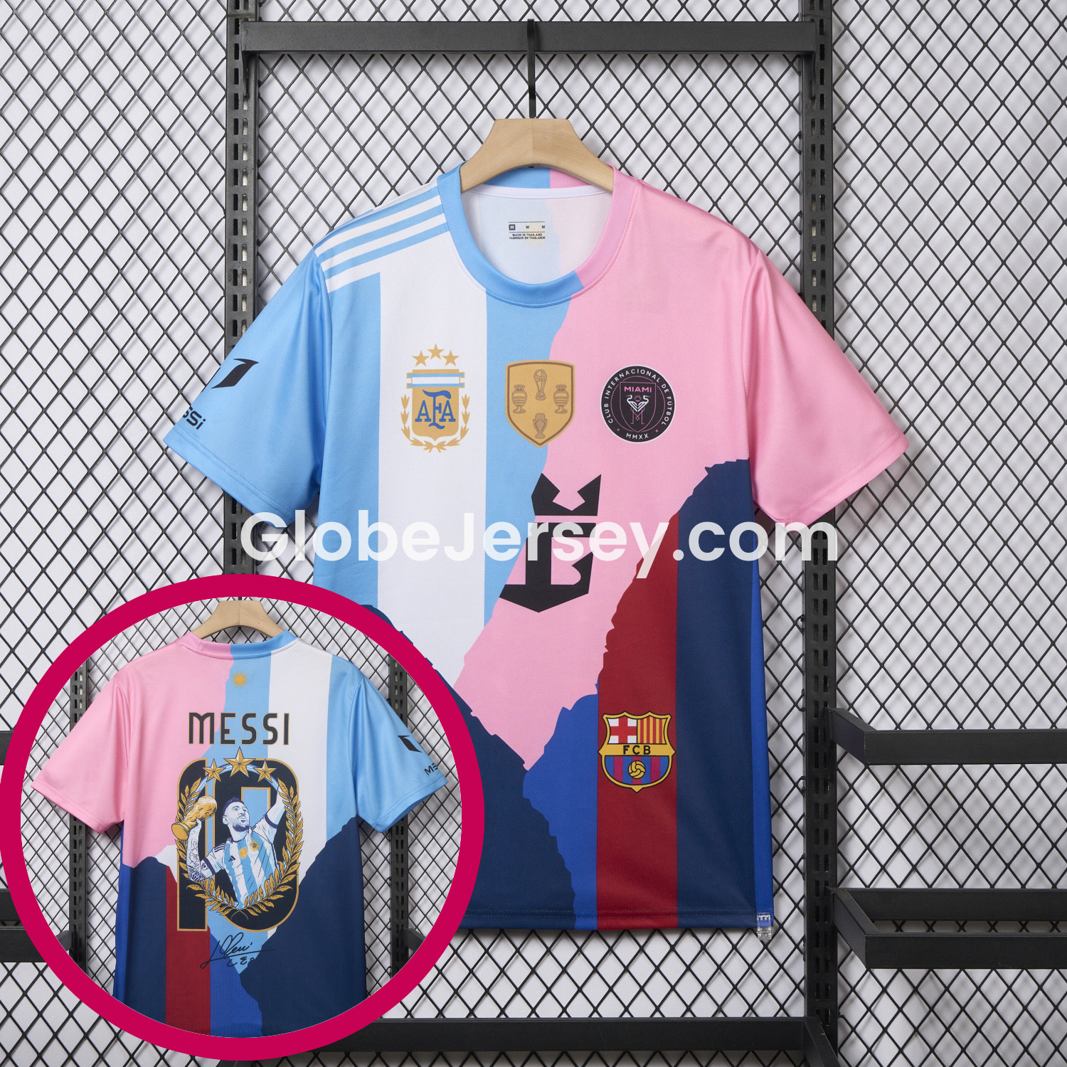 GlobeJersey-Messi Career Commemorative Jersey - Fans Version - Argentina INT M.A.M Barcelona - with 10 Special Font