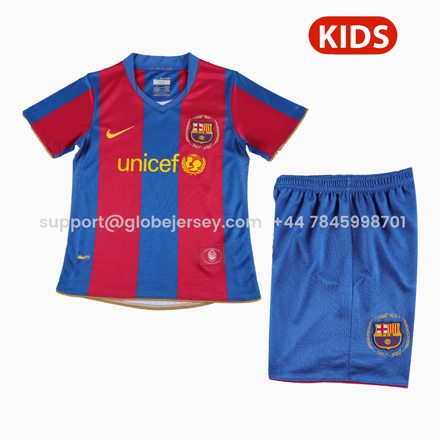 GlobeJersey-Retro Barcelona 2007-08 Home Kids Kit