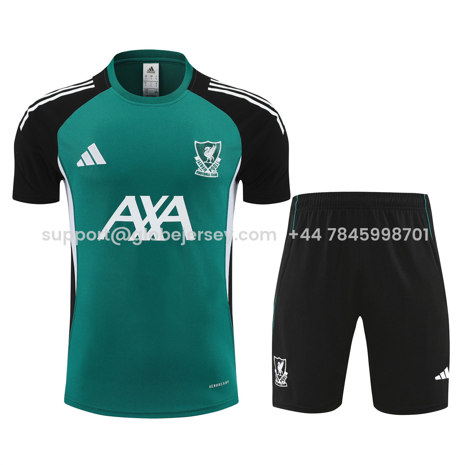 GlobeJersey-Liver.pool 25-26 Short-Sleeve Training Set - Green With Black Top & Black Shorts