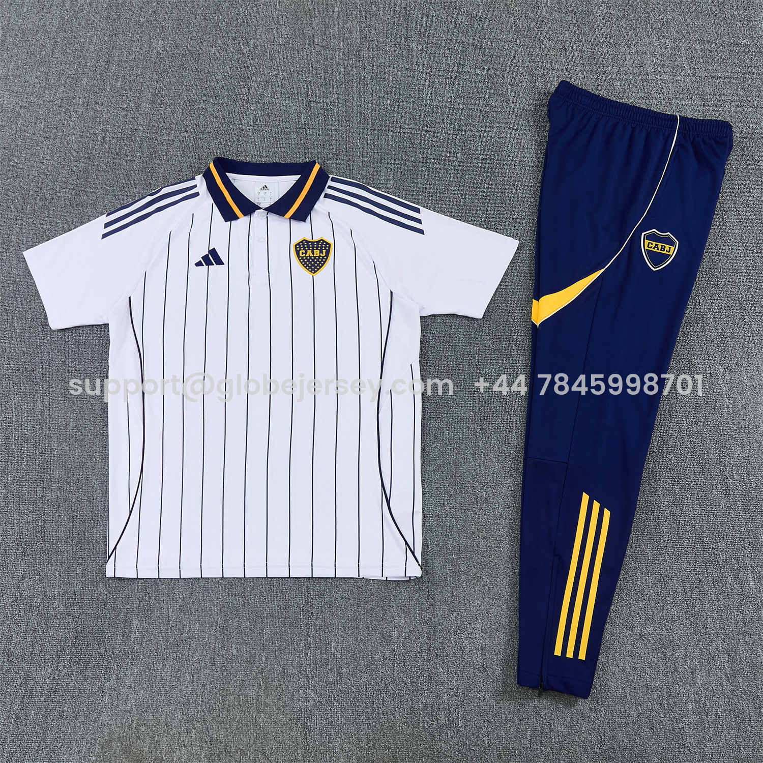 GlobeJersey-Boca Juniors 25-26 POLO Short-Sleeve Training Set - White Top and Dark Blue Pants
