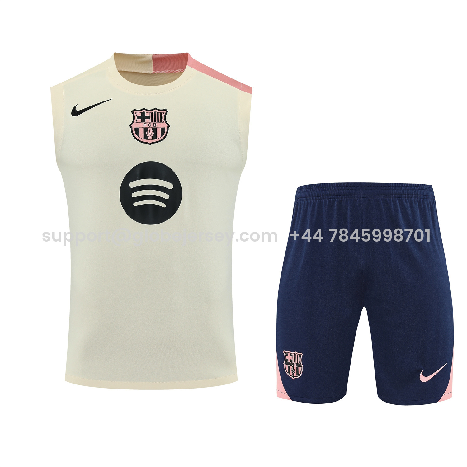 GlobeJersey-Barcelona 25-26 Vest Training Set - Cream Vest & Deep Blue Shorts