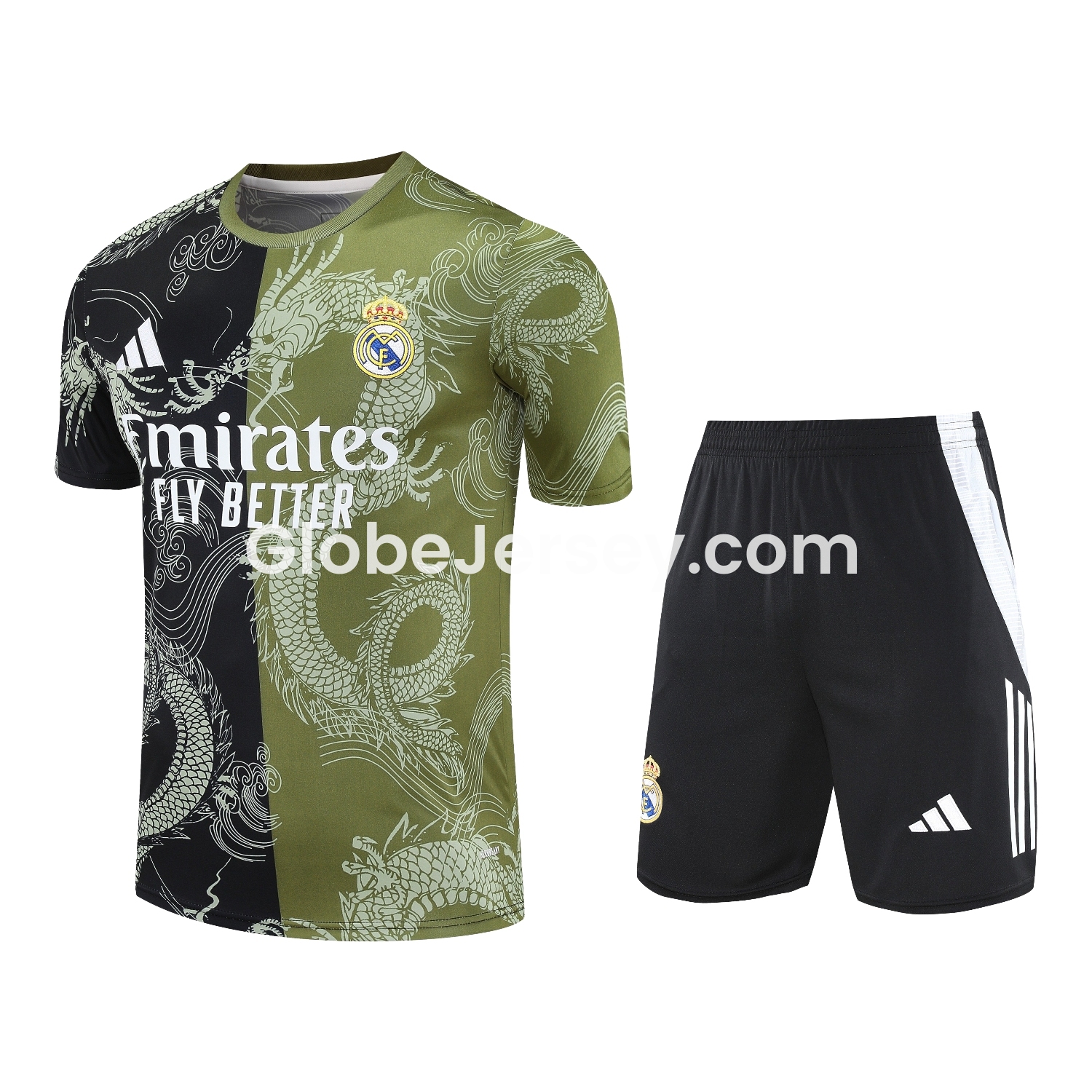GlobeJersey-Real Madrid 25-26 Short-Sleeve Training Set - Green-Black Dragon Top & Black-White Shorts