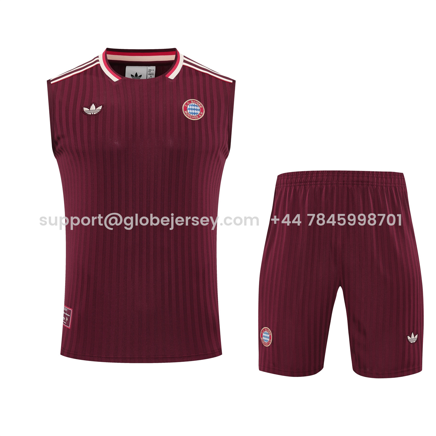 GlobeJersey-Bayern Munich 25-26 Vest Training Set - Wine Red Lines Vest & Wine Red Lines Shorts