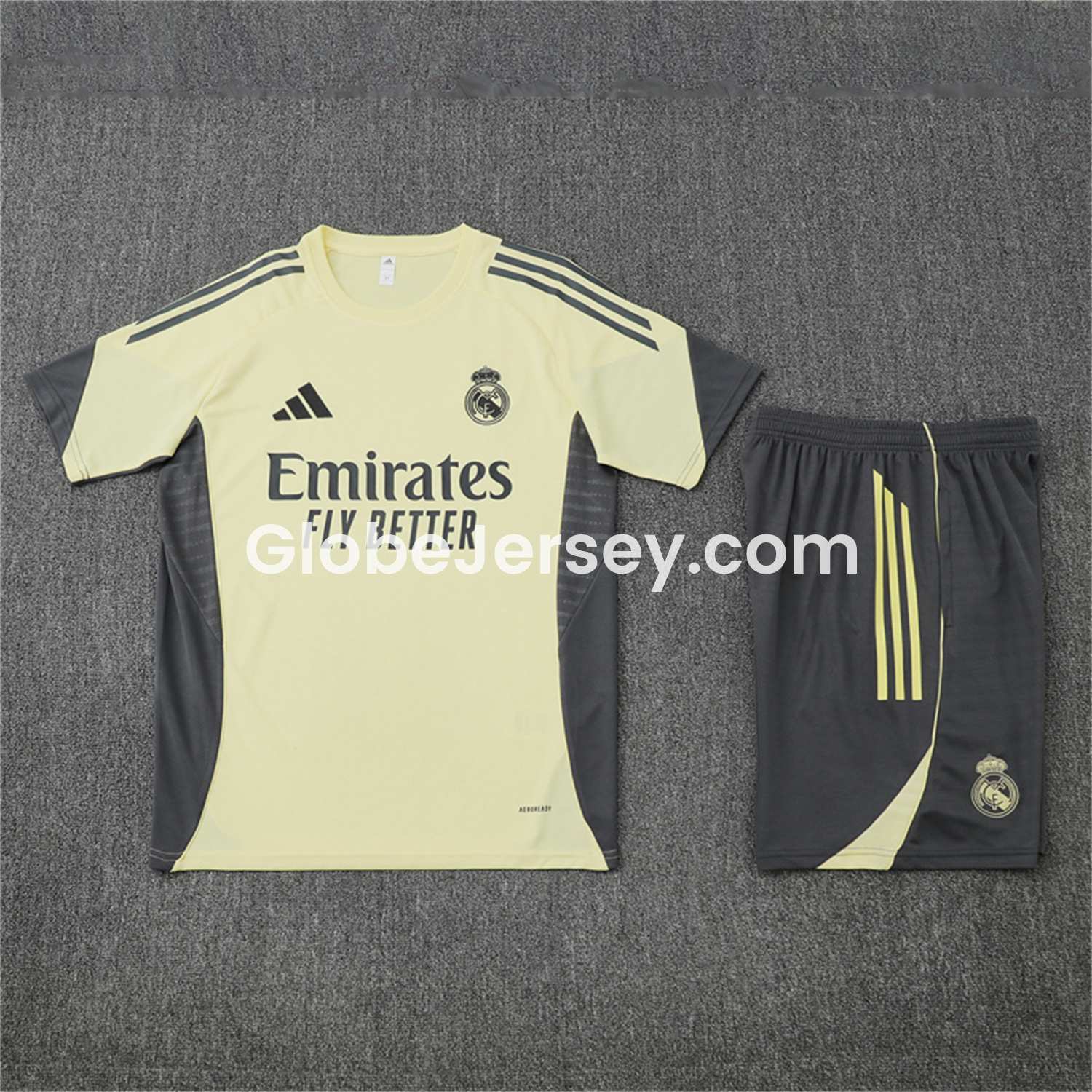GlobeJersey-Real Madrid 25-26 Kids Short-Sleeve Training Set - Yellow Top and Grey Shorts