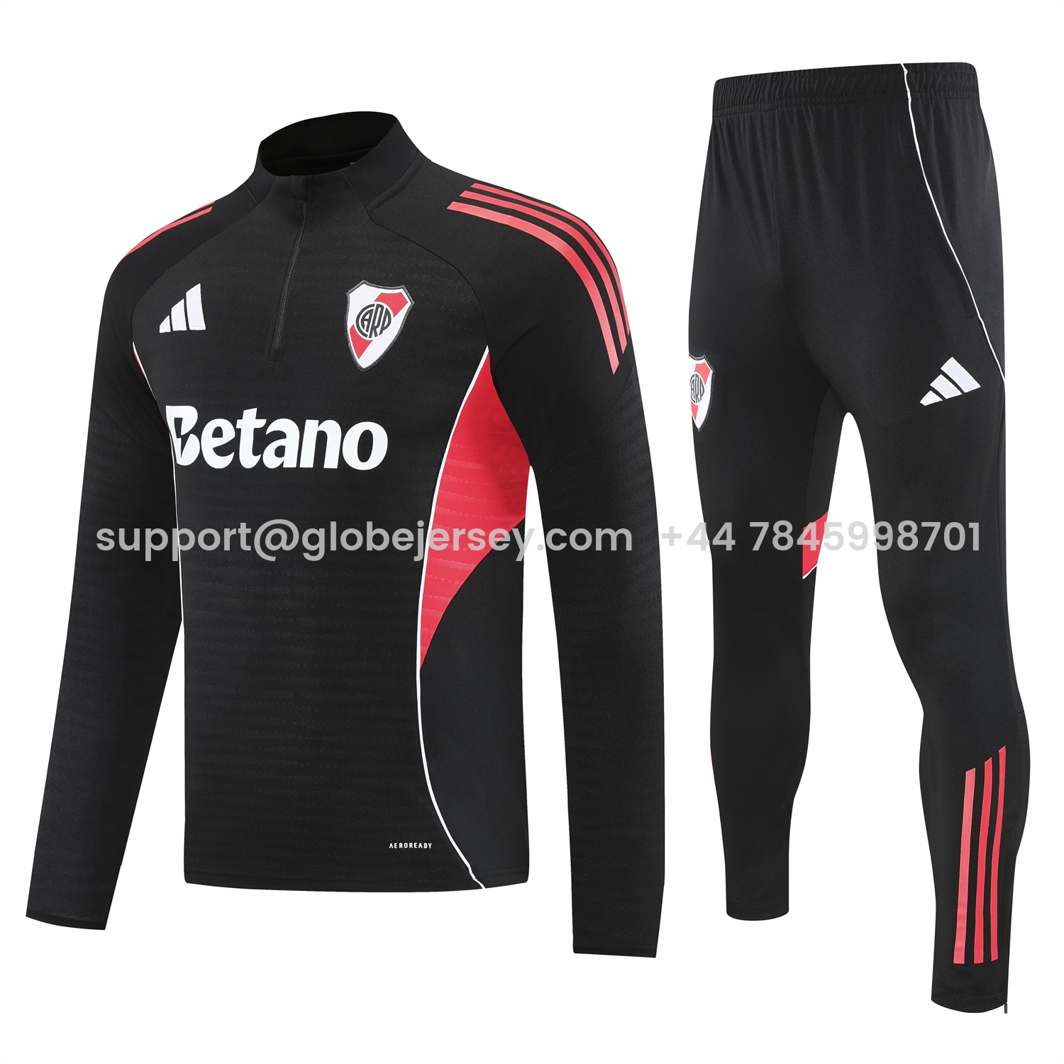 GlobeJersey-River Plate 25-26 Long Sleeves Training Set - Black With Red Top & Black Pants