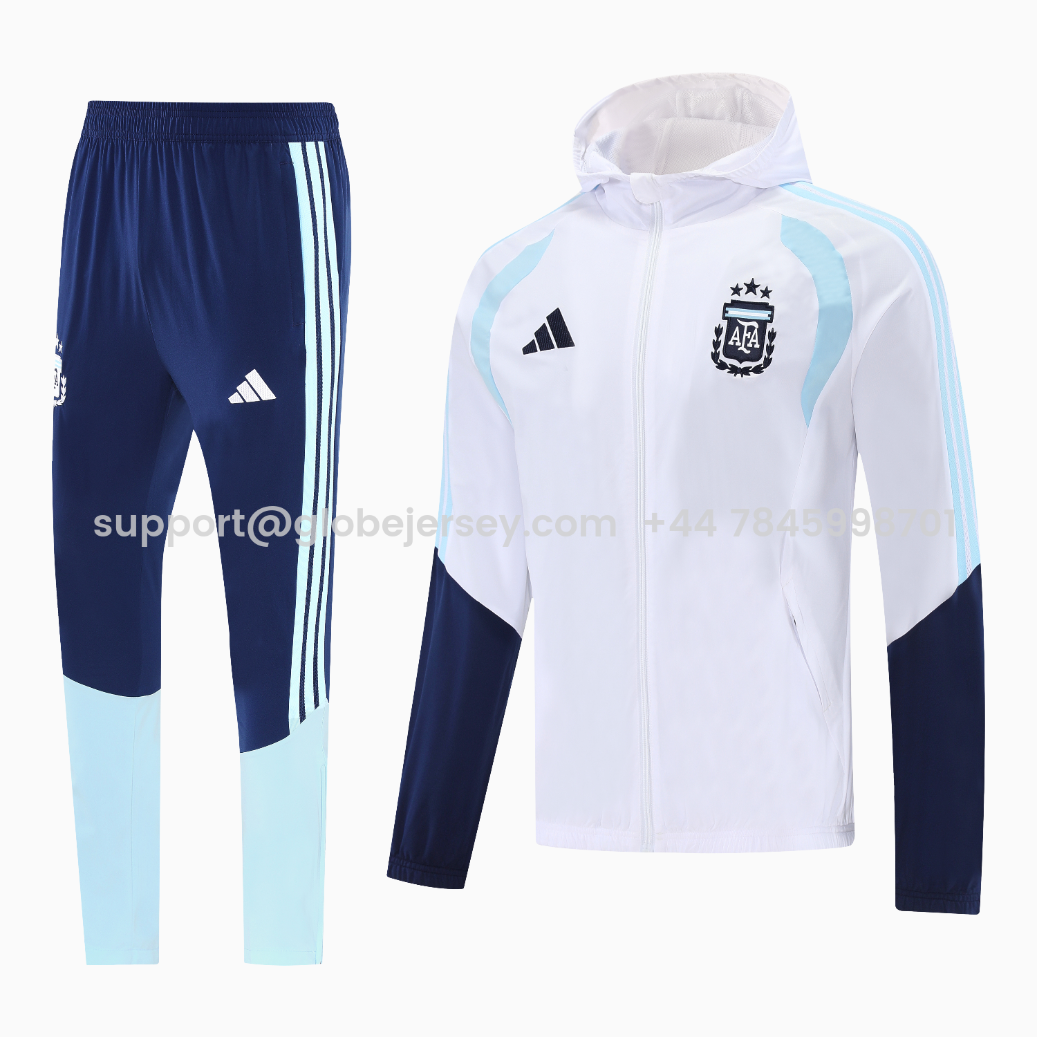 GlobeJersey-Argentina 2026 Hooded Windbreaker Training Set - White Top & Dark Blue Pants
