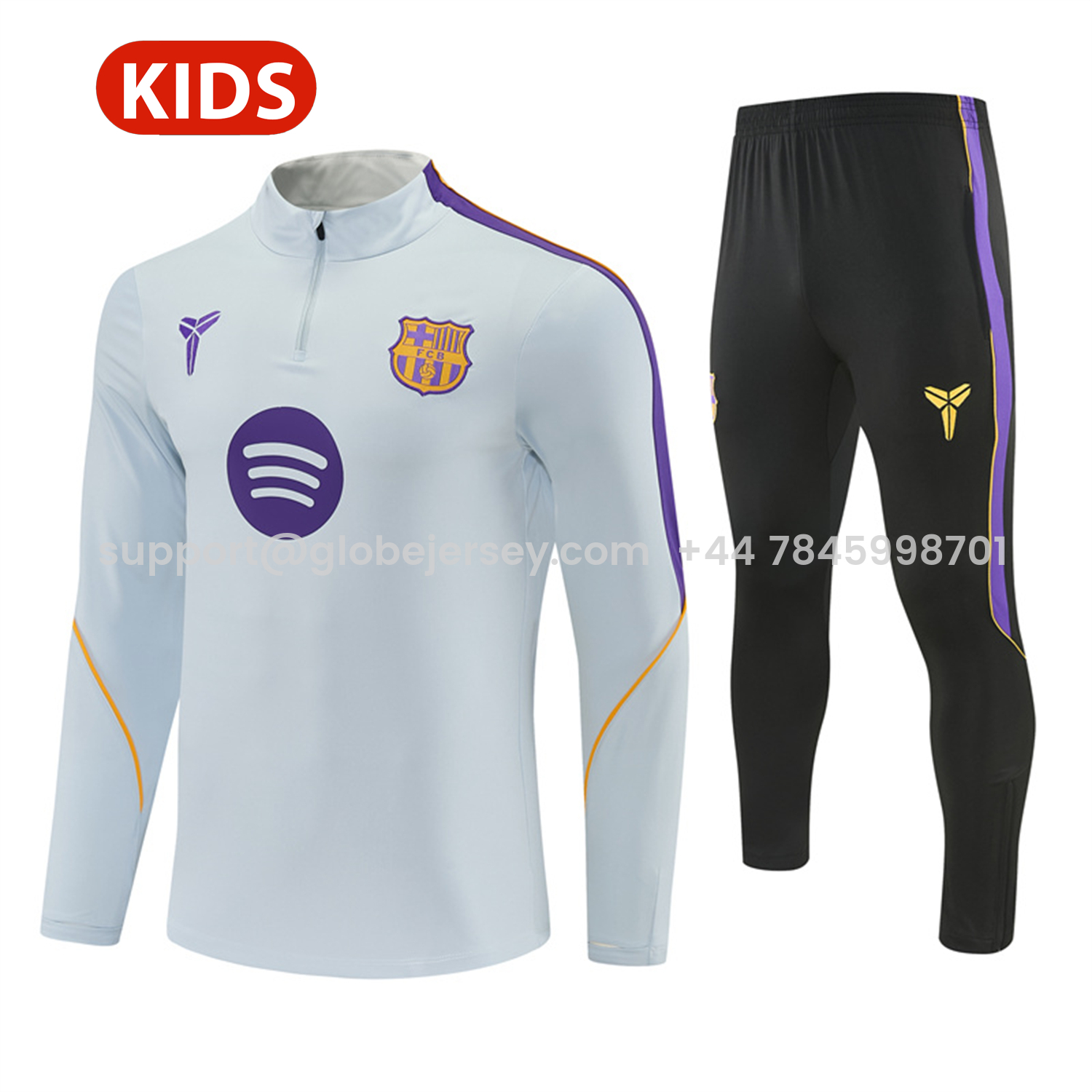 GlobeJersey-Barcelona 26-27 Kids Long Sleeves Training Set - Light Grey Top & Black Pants