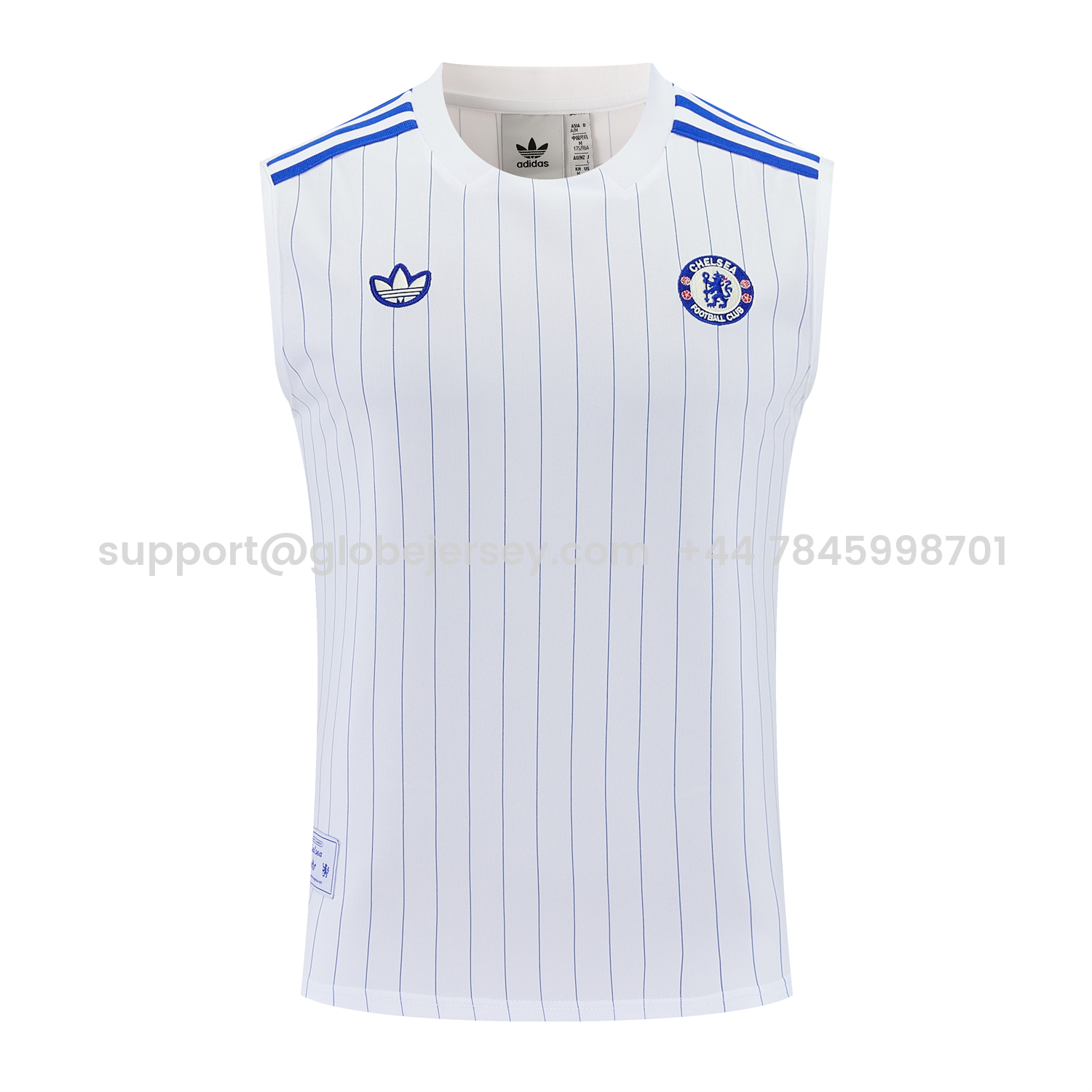 GlobeJersey-C.H.E.L.S.E.A 25-26 Retro Style Vest Training Set - White Top & Blue Stripes Pants