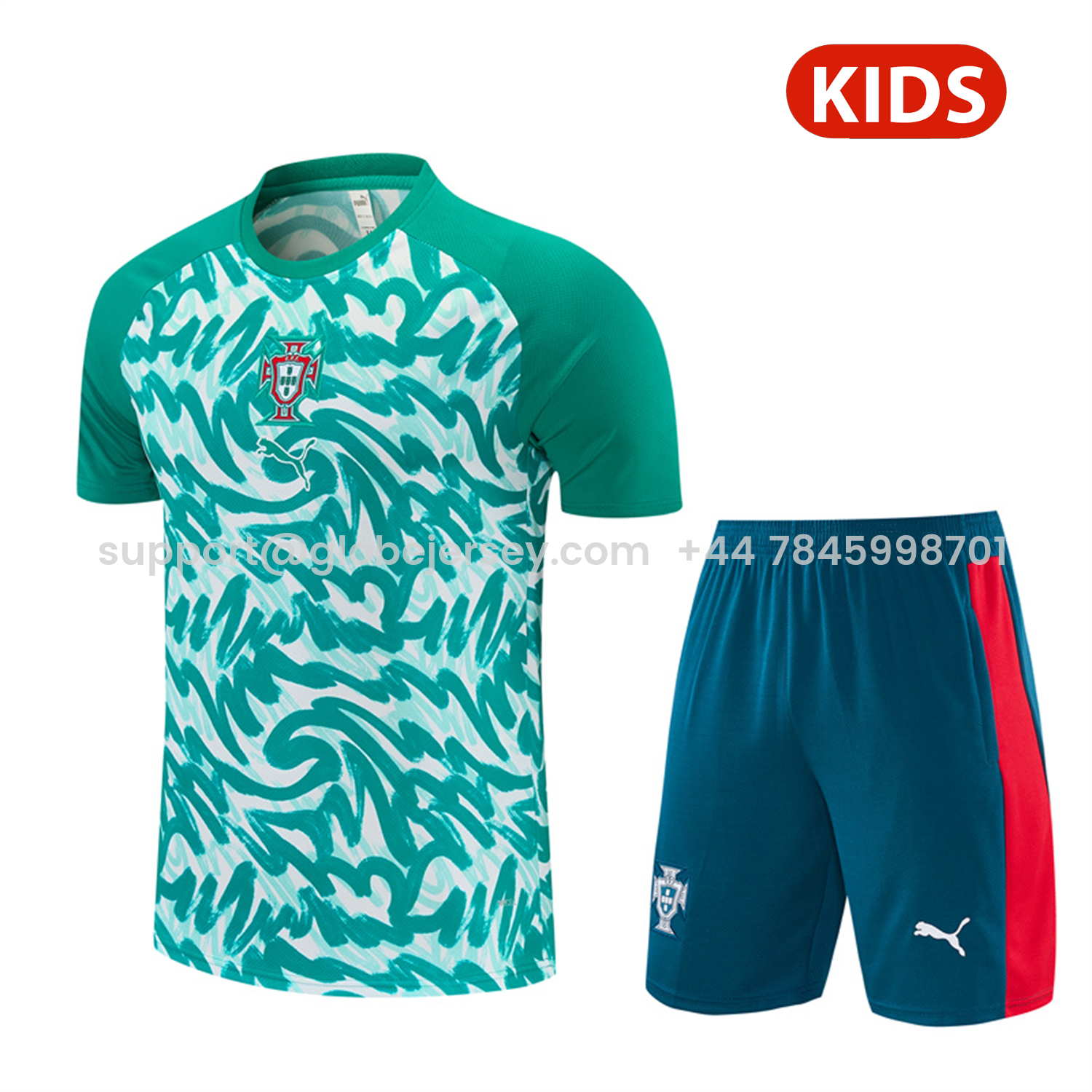 GlobeJersey-Portugal 2026 Kids Short-Sleeve Training Set - Colors Top & Dark Teal Blue With A Red Stripe On The Side Pants