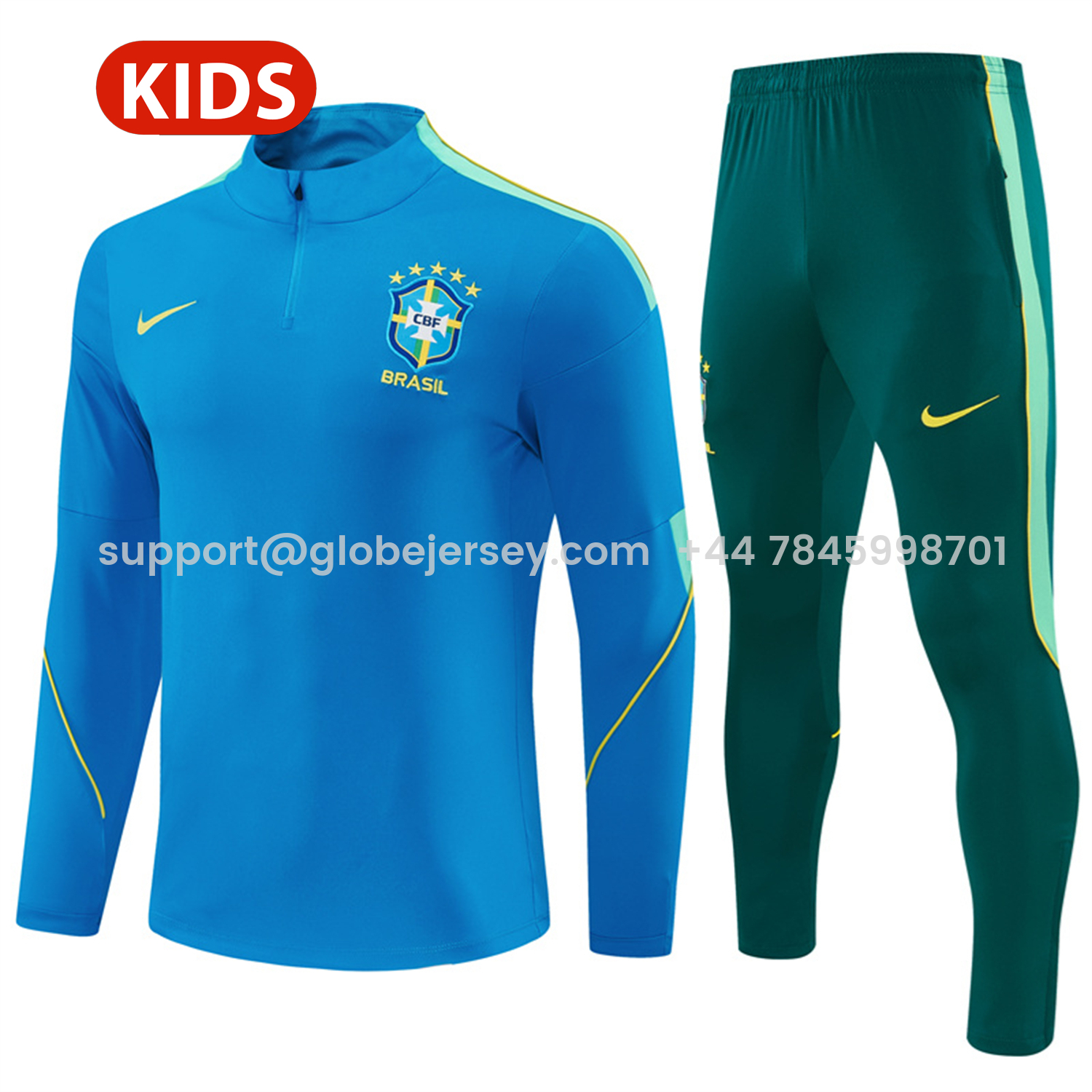 GlobeJersey-Brazil 2026 Kids Long Sleeve Training Set - Sky Blue Top & Dark Green Pants