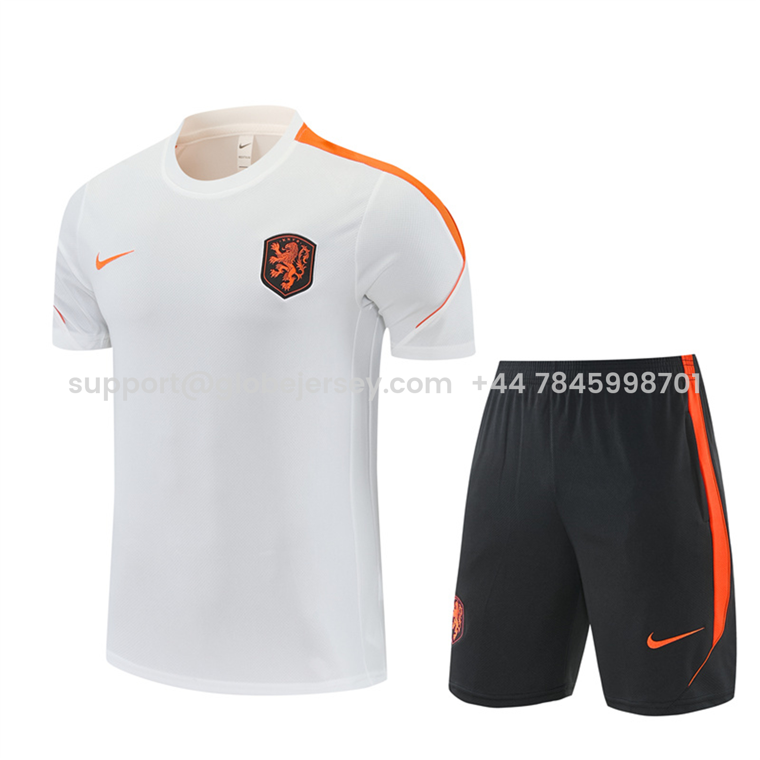 GlobeJersey-Netherlands 2026 Short-Sleeve Training Set - White With Orange Top & Black With Orange Pants