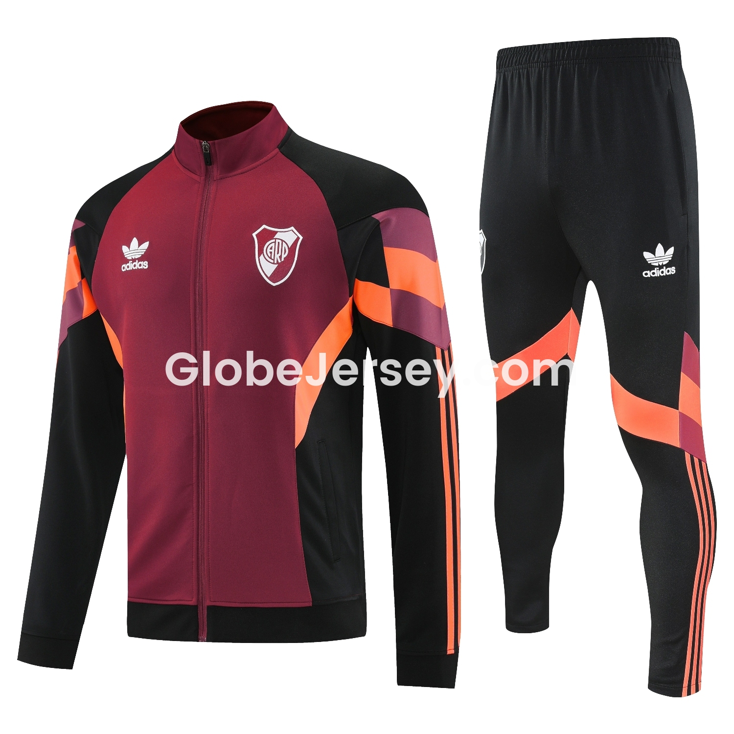 GlobeJersey-River Plate 25-26 Terrace Jacket Training Tracksuit - Deep Red Jackets & Black Pants