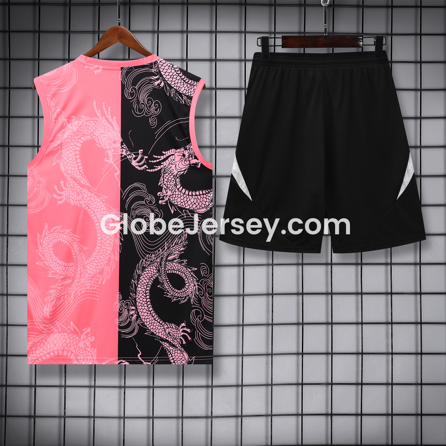 GlobeJersey-Real Madrid 25-26 Vest Training Set - Pink-Black Dragon Vest & Black-White Shorts