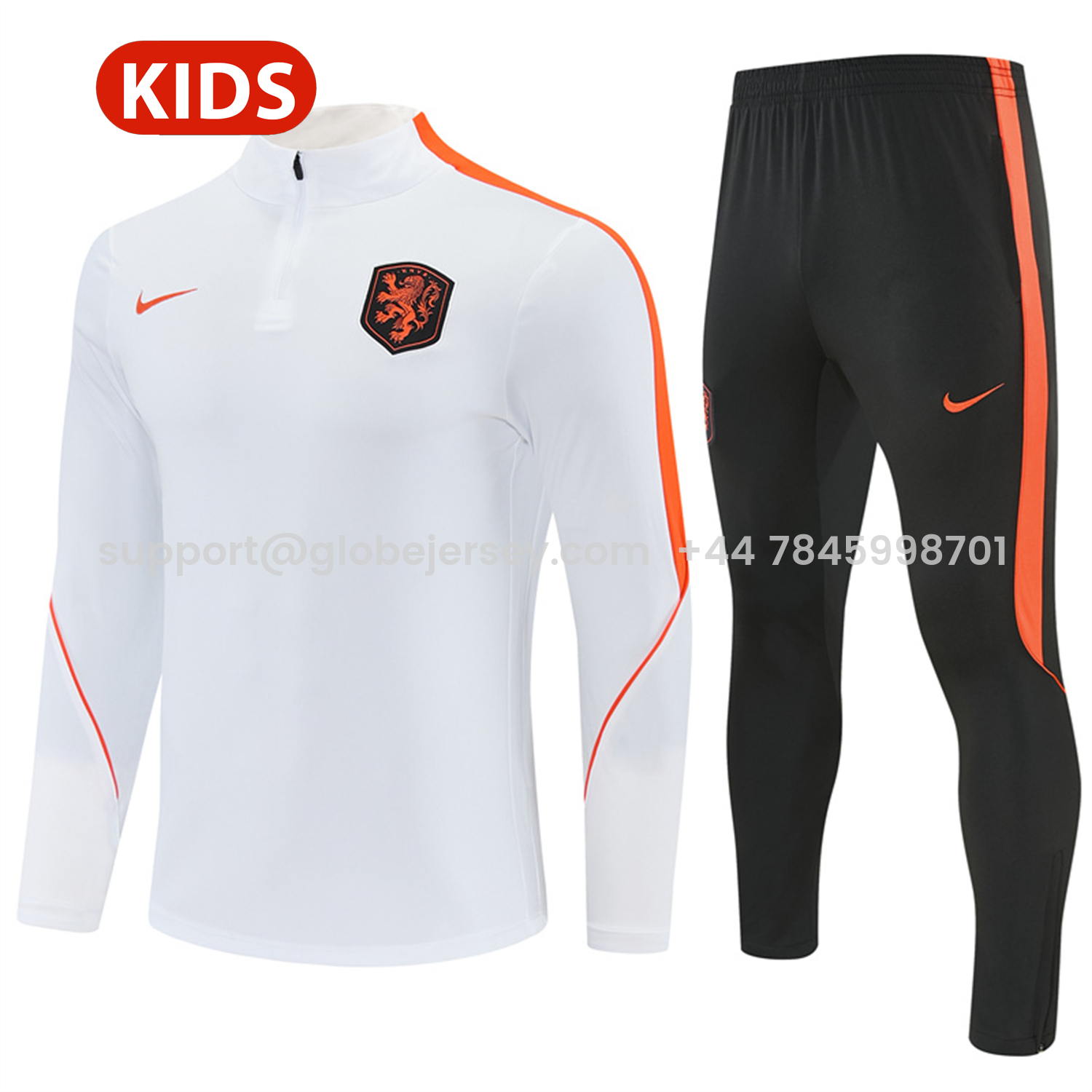 GlobeJersey-Netherlands 2026 Kids Long Sleeves Training Set - White With Orange Accents Top & Black Pants