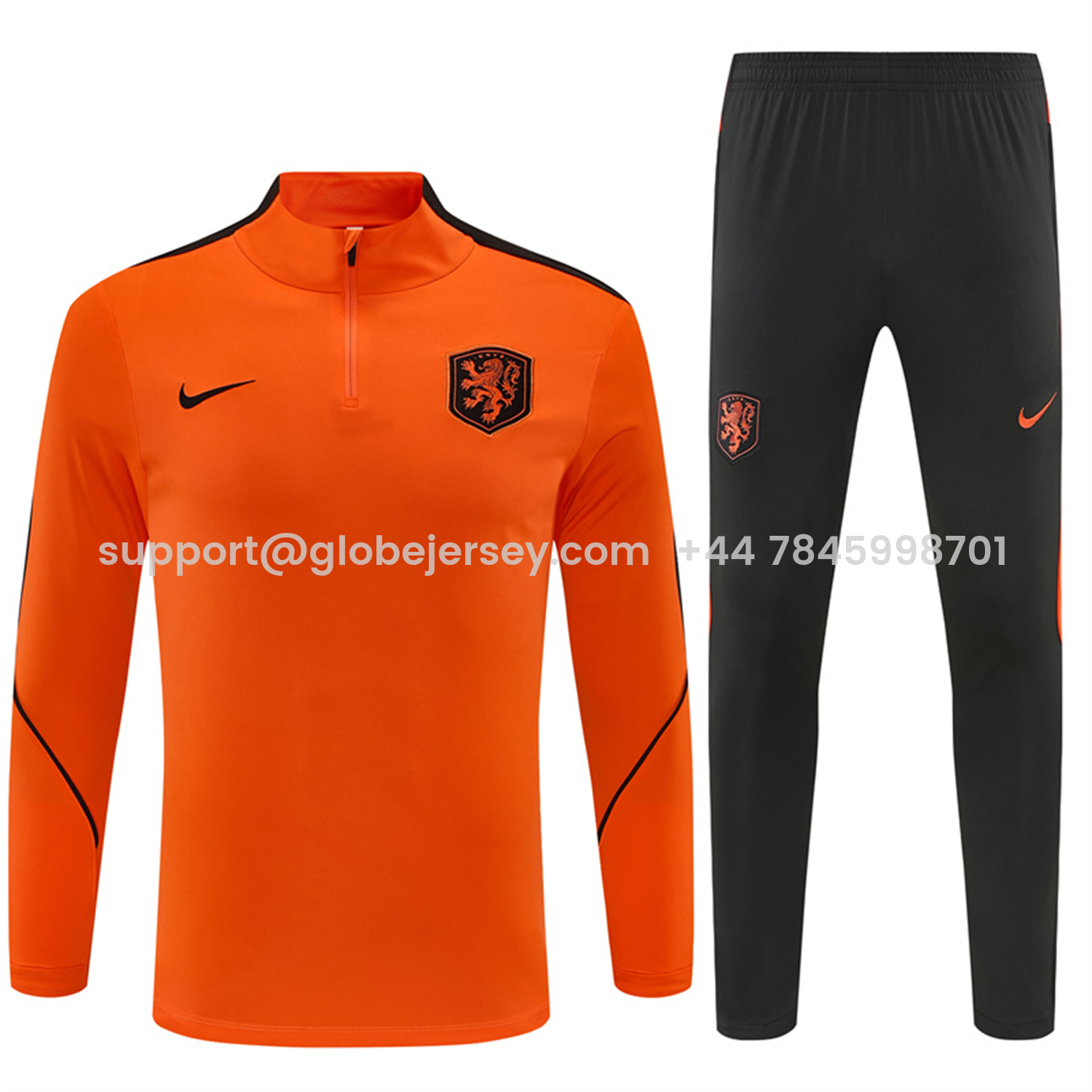 GlobeJersey-Netherlands 2026 Kids Long Sleeves Training Set - Orange With Black Accents Top & Blue Pants