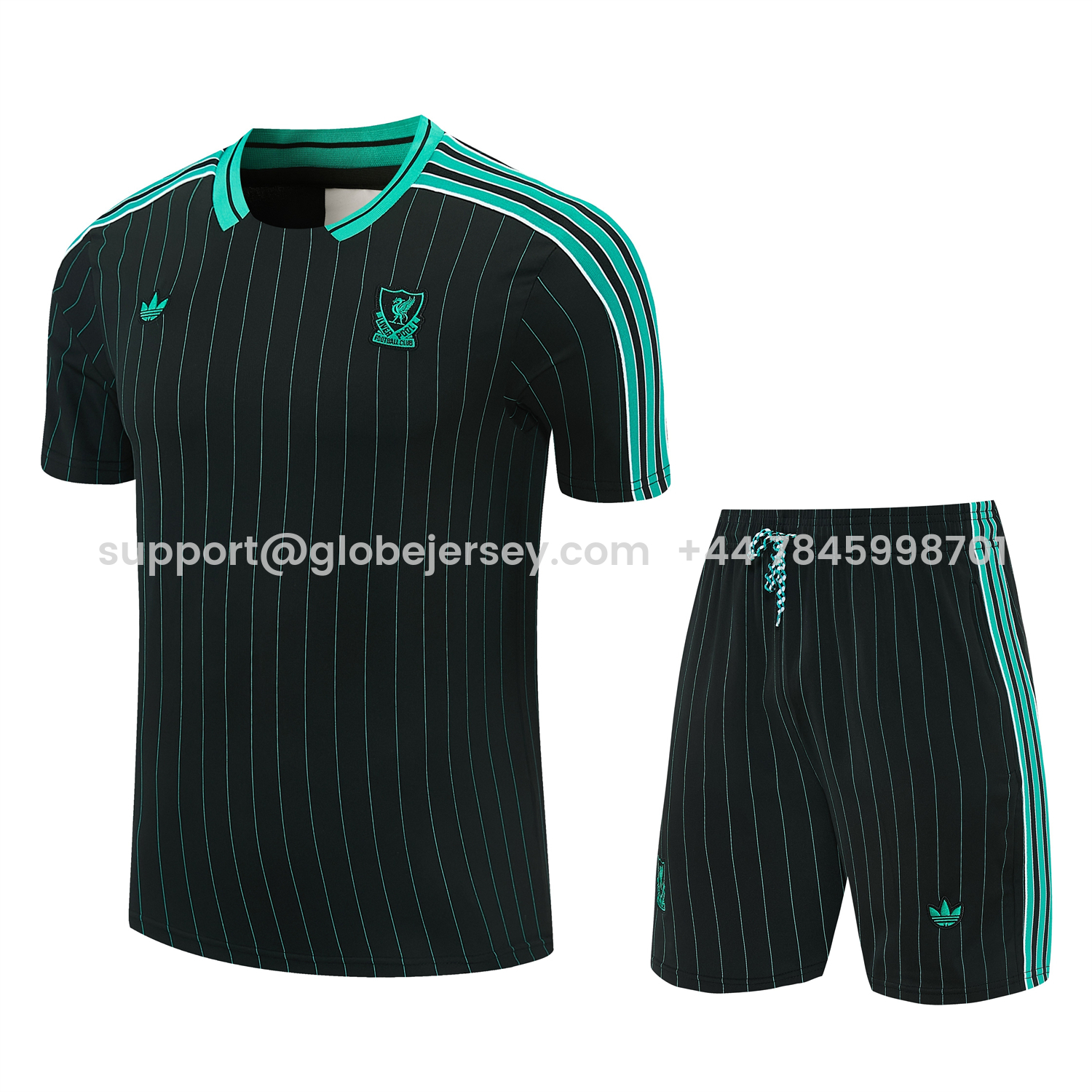 GlobeJersey-Liver.pool 25-26 Retro Style Short-Sleeve Training Set - Black With Teal Stripes And Accents Top & Pants