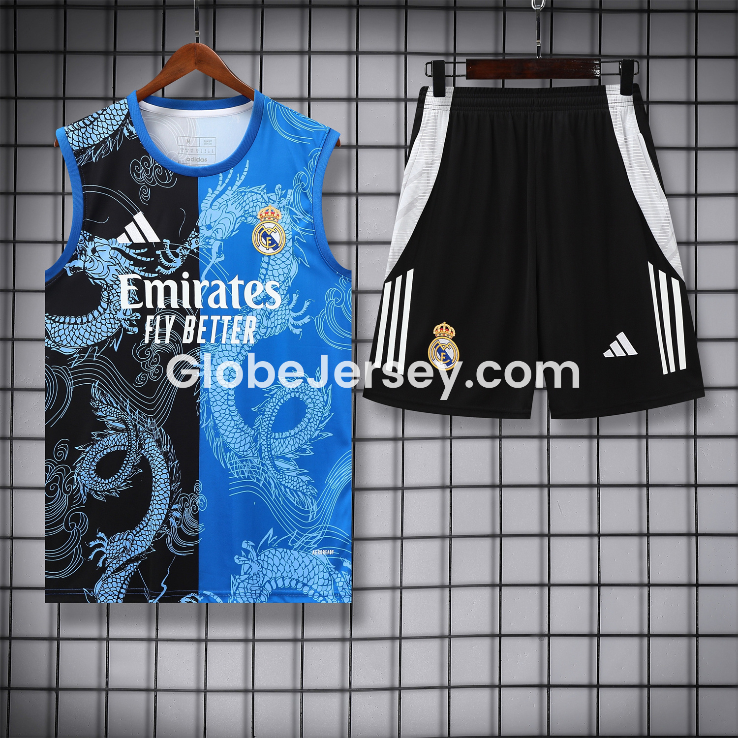 GlobeJersey-Real Madrid 25-26 Vest Training Set - Blue Black Dragon Vest & Black-White Shorts