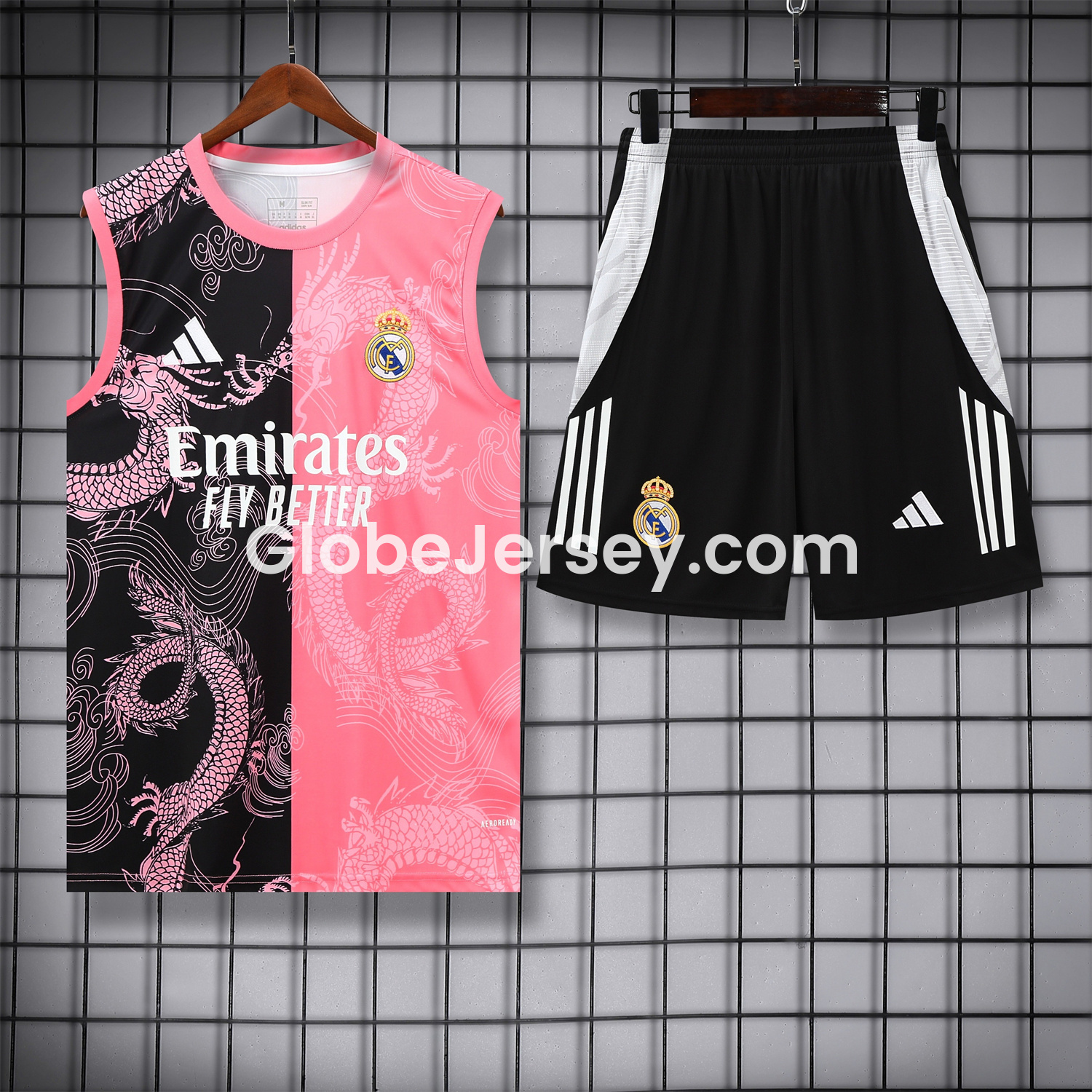 GlobeJersey-Real Madrid 25-26 Vest Training Set - Pink-Black Dragon Vest & Black-White Shorts