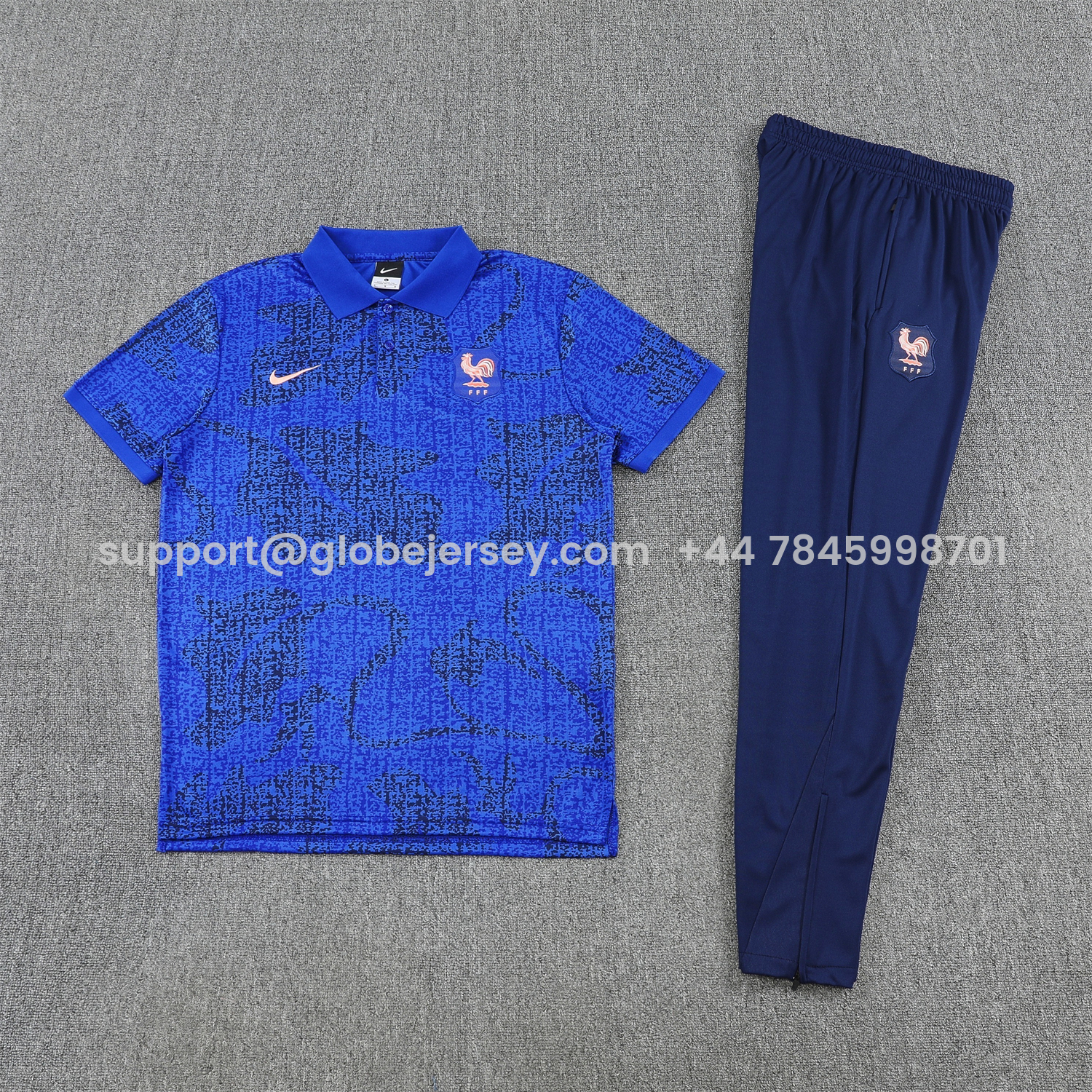GlobeJersey-France 25-26 POLO Short-Sleeve Training Set - Ocean Blue Top and Dark Blue Pants