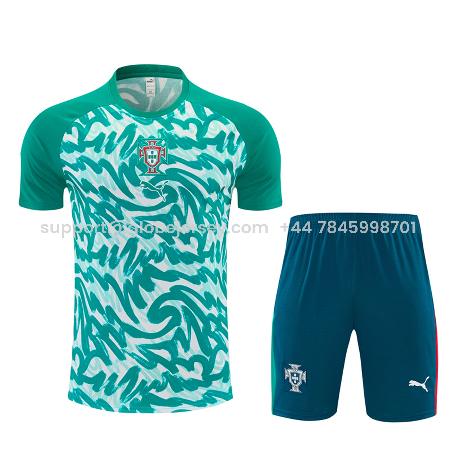 GlobeJersey-Portugal 2026 Kids Short-Sleeve Training Set - Colors Top & Dark Teal Blue With A Red Stripe On The Side Pants