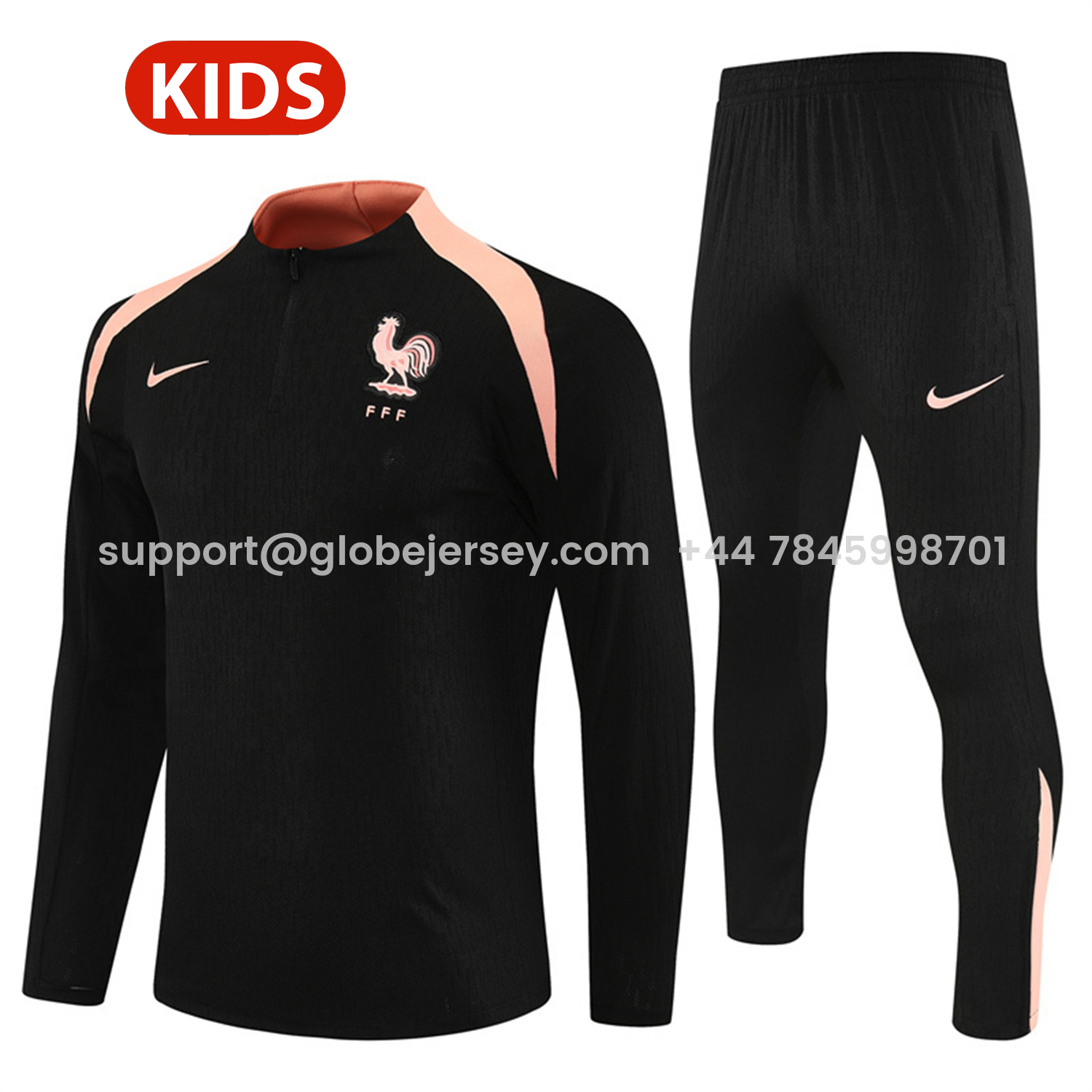 GlobeJersey-France 25-26 Kids Long Sleeve Training Set - Player Version - Black Top and Pants