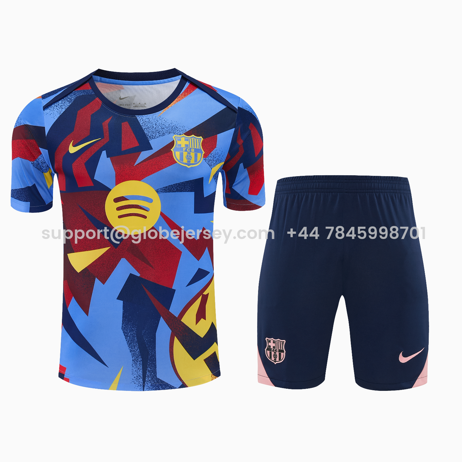 GlobeJersey-Barcelona 25-26 Short-Sleeve Training Set - Colors Top & Dark Blue With A Small Pink Detail Pants