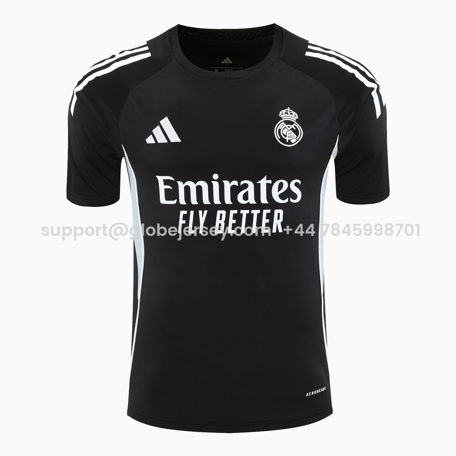 GlobeJersey-Real Madrid 25-26 Short-Sleeve Training Set - Light Grey Stripes Black Top & Black Shorts