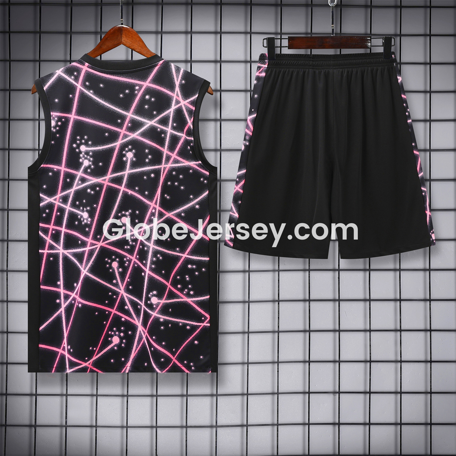 GlobeJersey-Paris Saint-Germain PSG 25-26 Vest Training Set - Pink Fluorescent Rays Black Vest & Black Shorts