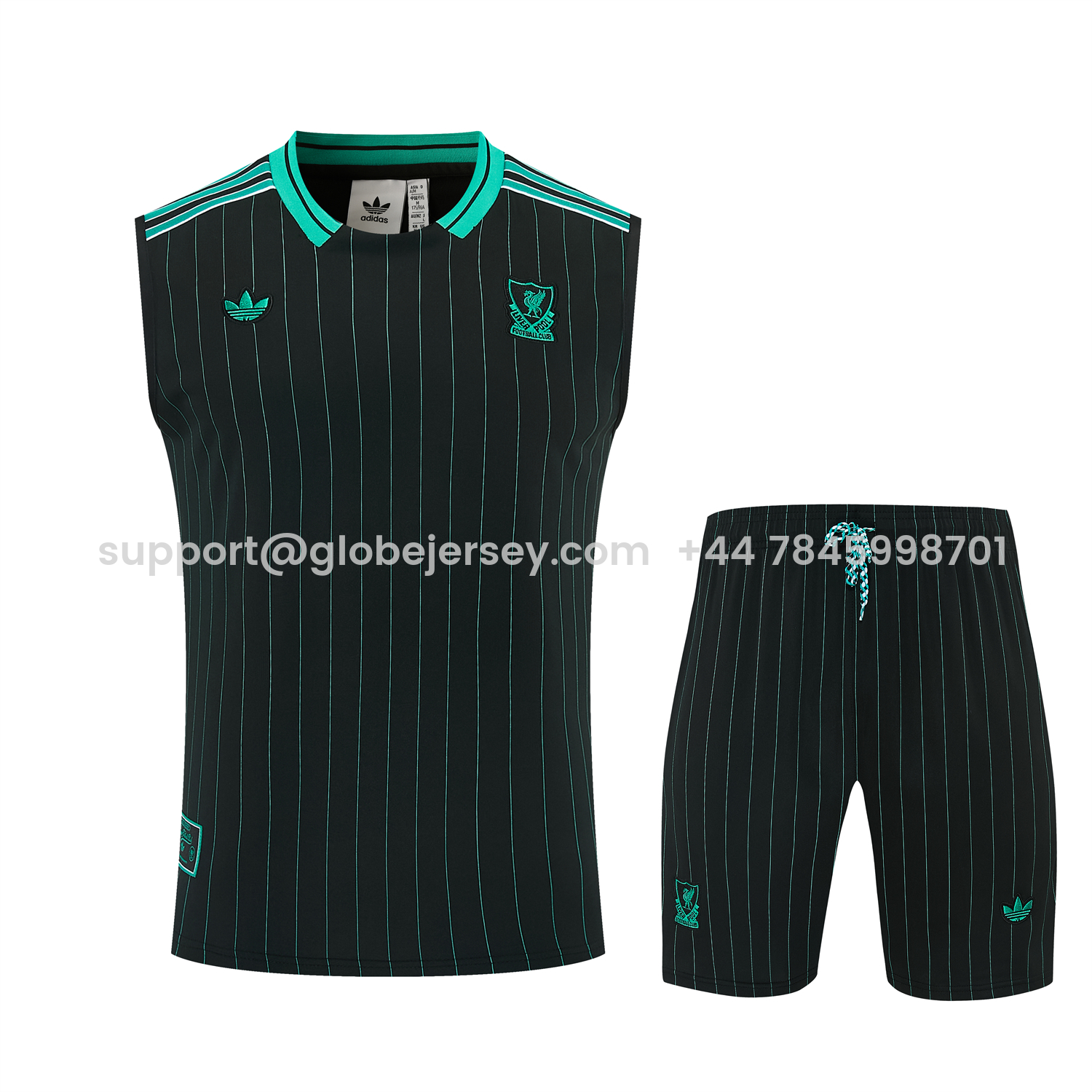 GlobeJersey-Liver.pool 25-26 Retro Style Vest Training Set - Black With Turquoise Stripes Top & Pants
