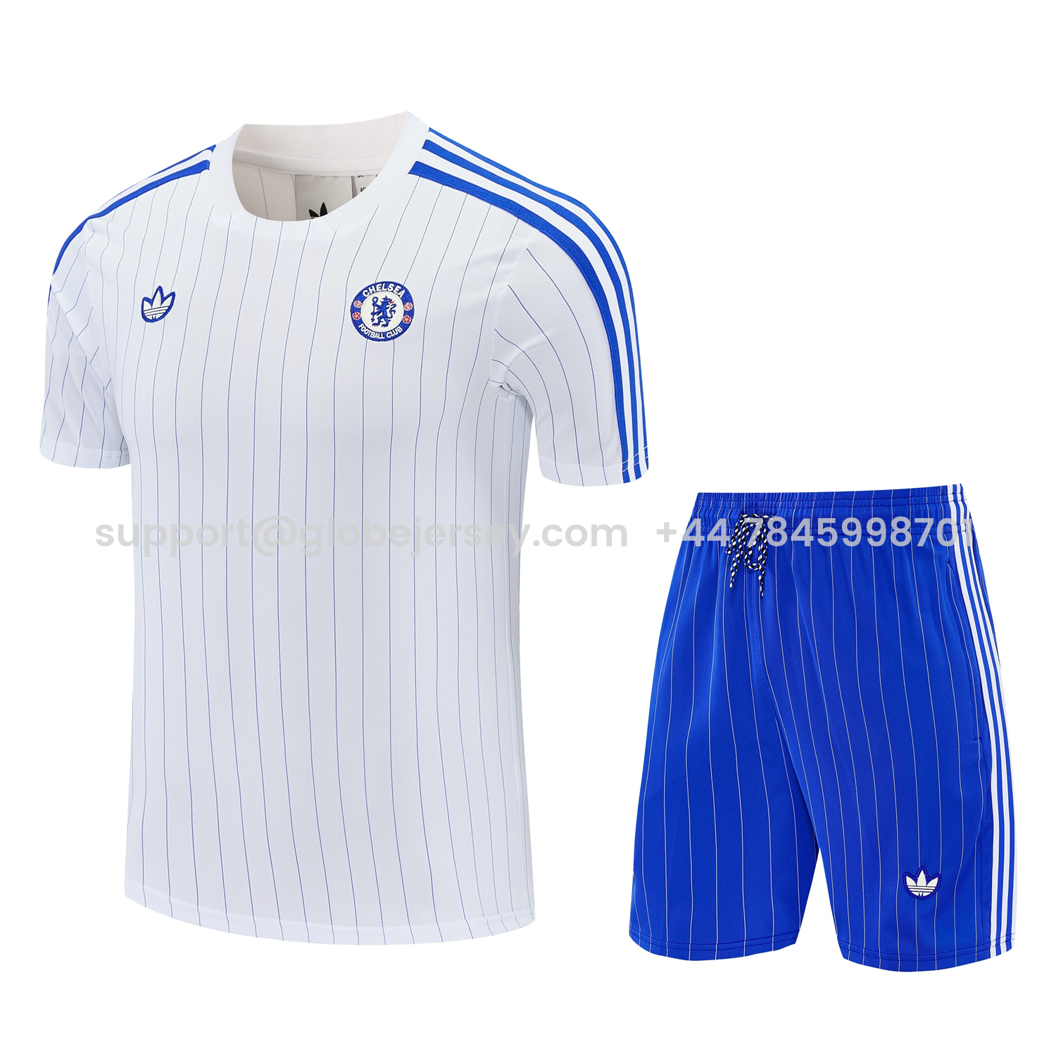 GlobeJersey-C.H.E.L.S.E.A 25-26 Retro Style Short-Sleeve Training Set - White Top & Blue Stripes Pants