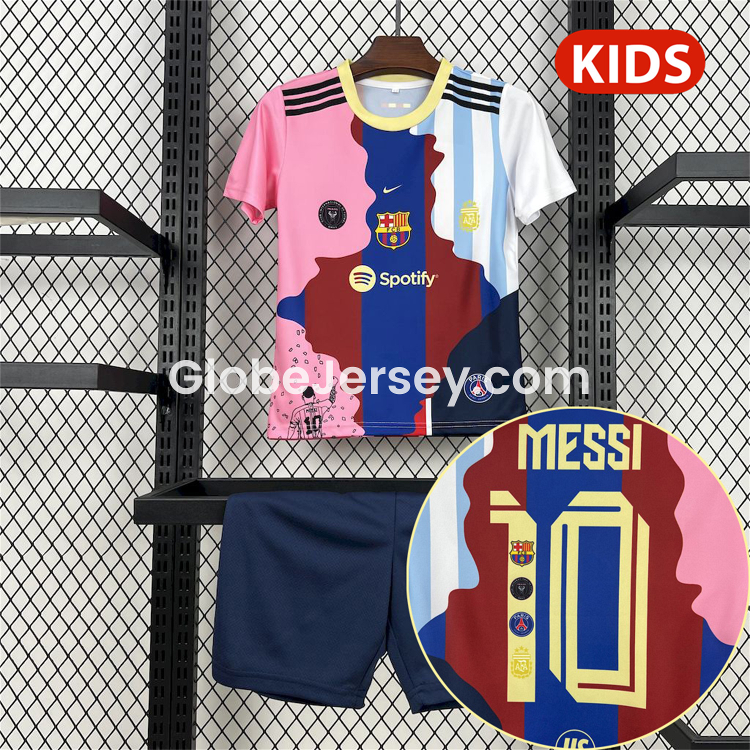 GlobeJersey-Messi Career Commemorative Kids Kit with Messi #10 - Barcelona Argentina Paris Saint-Germain PSG INT M.A.M
