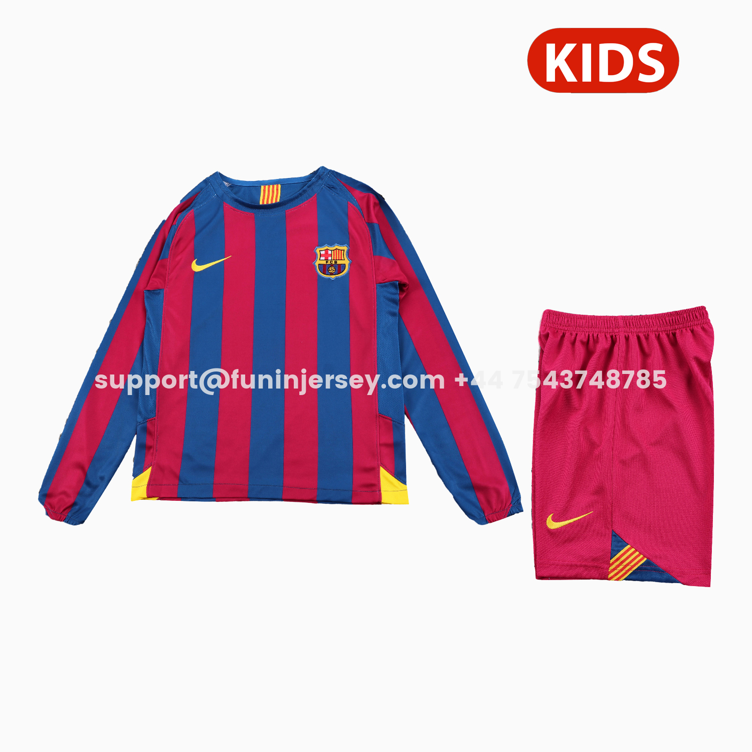 Funinjersey-Retro Barcelona 2005-06 Home Long Sleeve Kids Kit