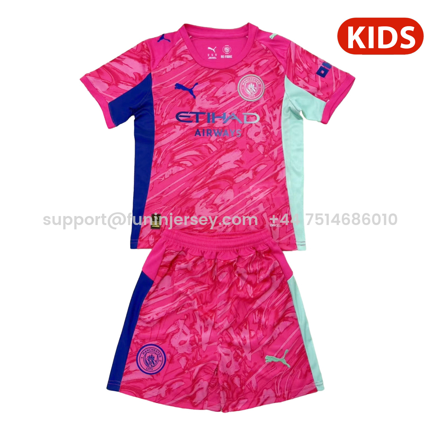 Funinjersey-Manchester City 25-26 Pink Red Goalkeeper Kids Kit