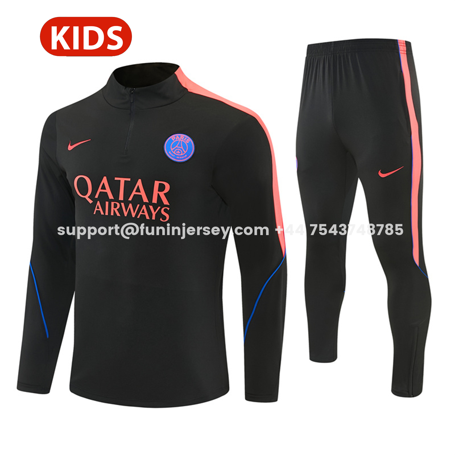 Funinjersey-Paris Saint-Germain 26-27 Kids Long Sleeves Training Set - Black With Pink Top & Pants