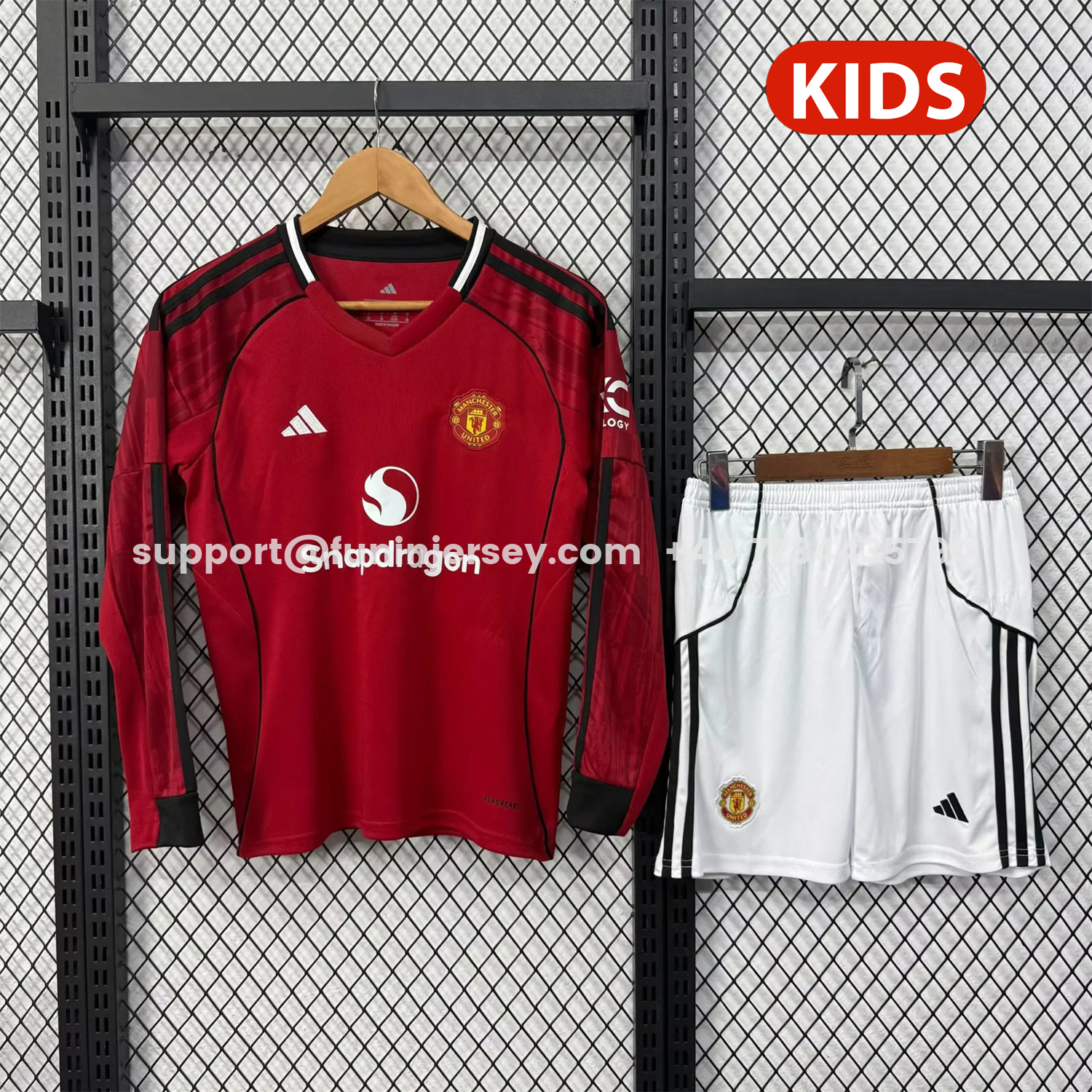 Funinjersey-Manchester United 25-26 Home Long Sleeves Kids Kit