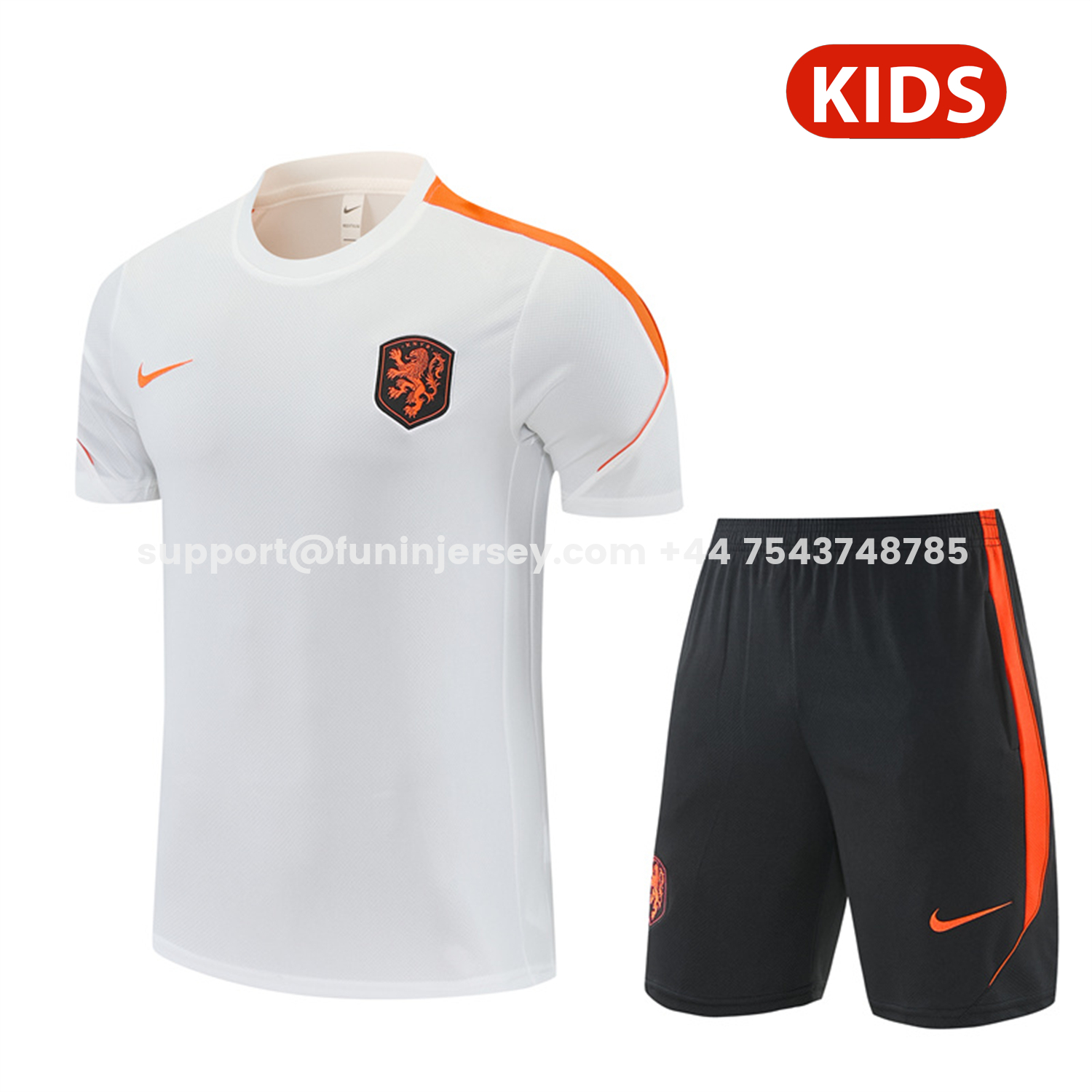 Funinjersey-Netherlands 2026 Kids Short-Sleeve Training Set - White With Orange Top & Black With Orange Pants