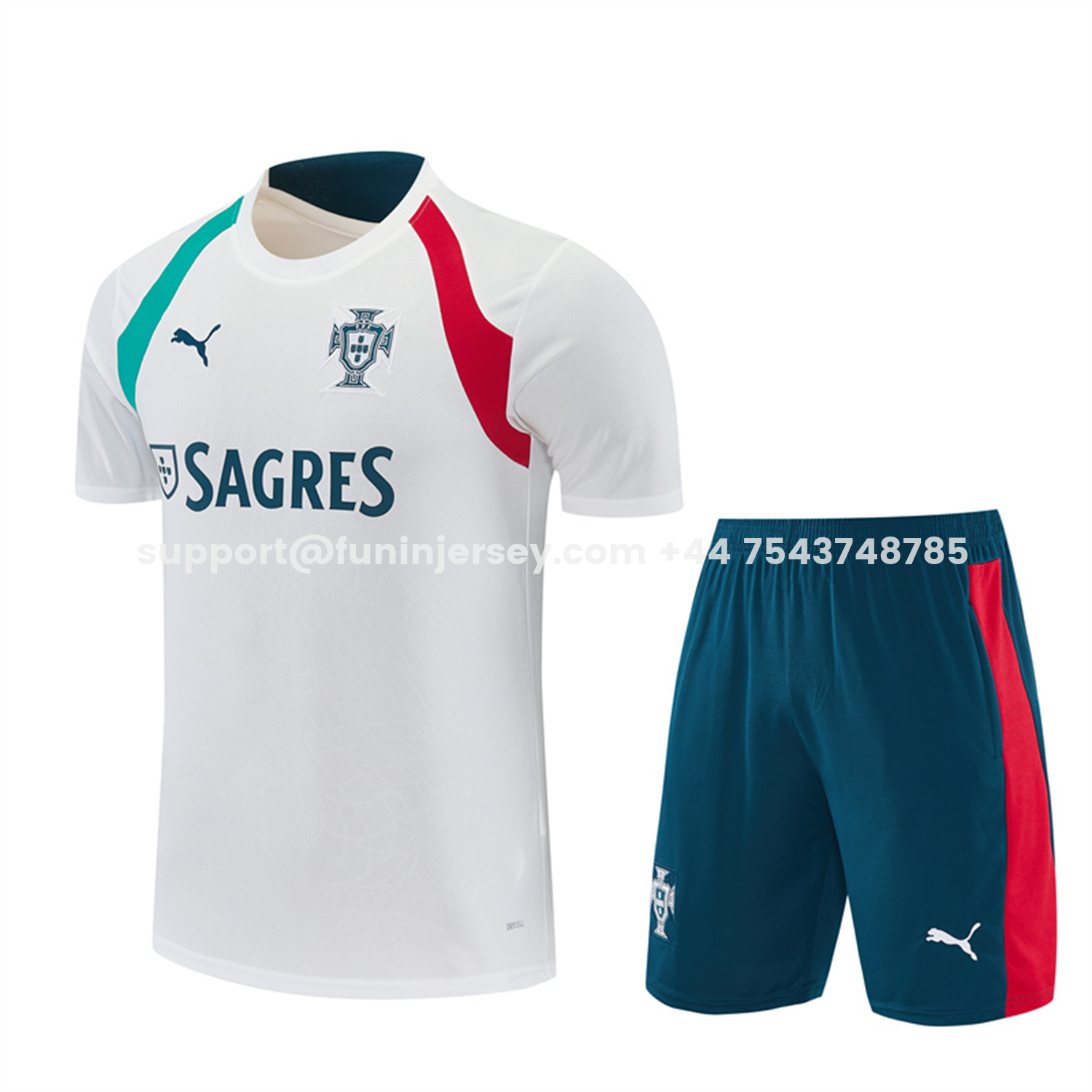 Funinjersey-Portugal 2026 Short-Sleeve Training Set - White With Red And Green Accents Top & Dark Blue With A Red Stripe Pants