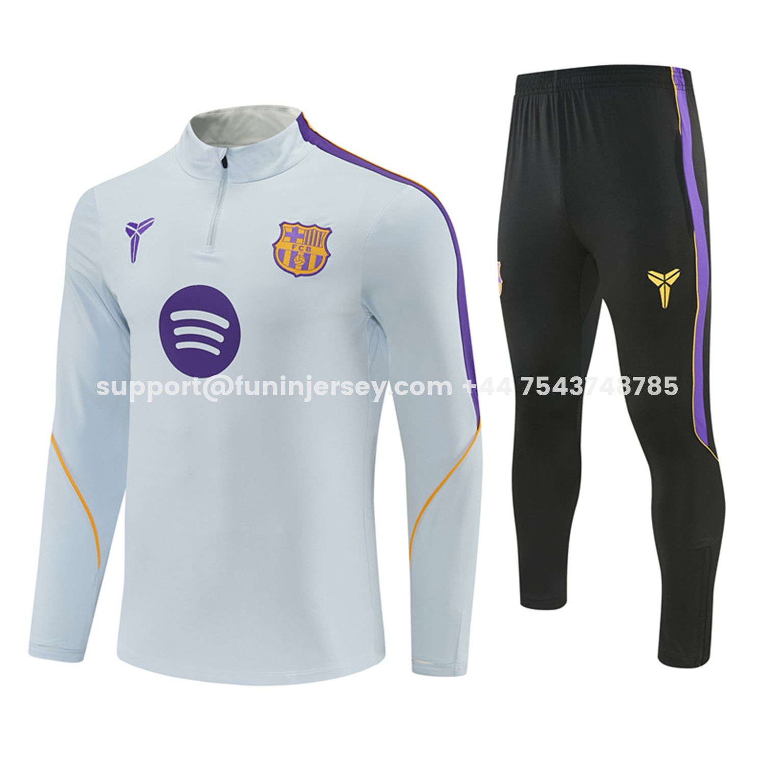 Funinjersey-Barcelona 26-27 Long Sleeves Training Set - Light Grey Top & Black Pants