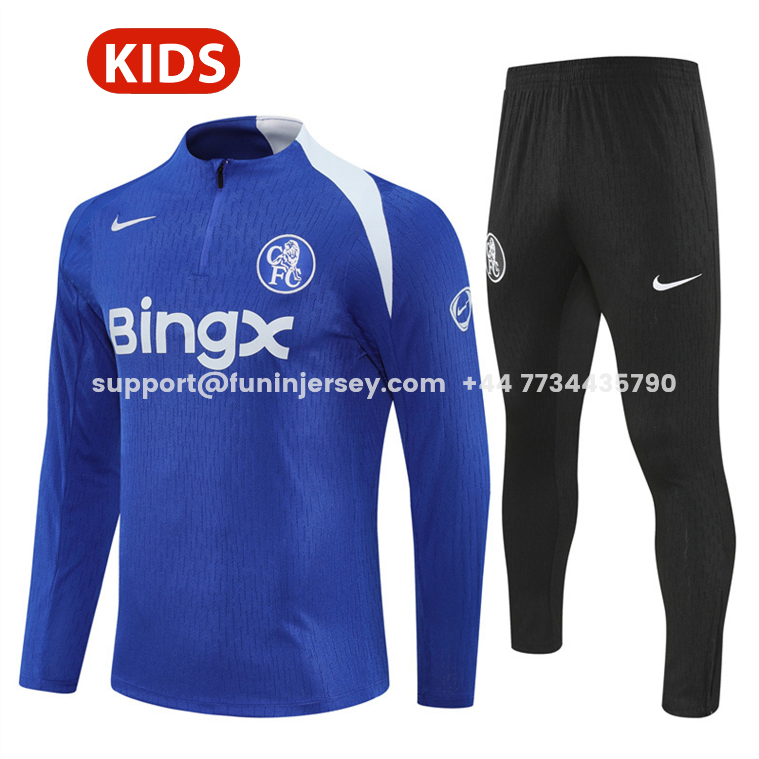 Funinjersey-C.H.E.L.S.E.A 25-26 Kids Long Sleeve Training Set - Player Version - Blue Top and Black Pants