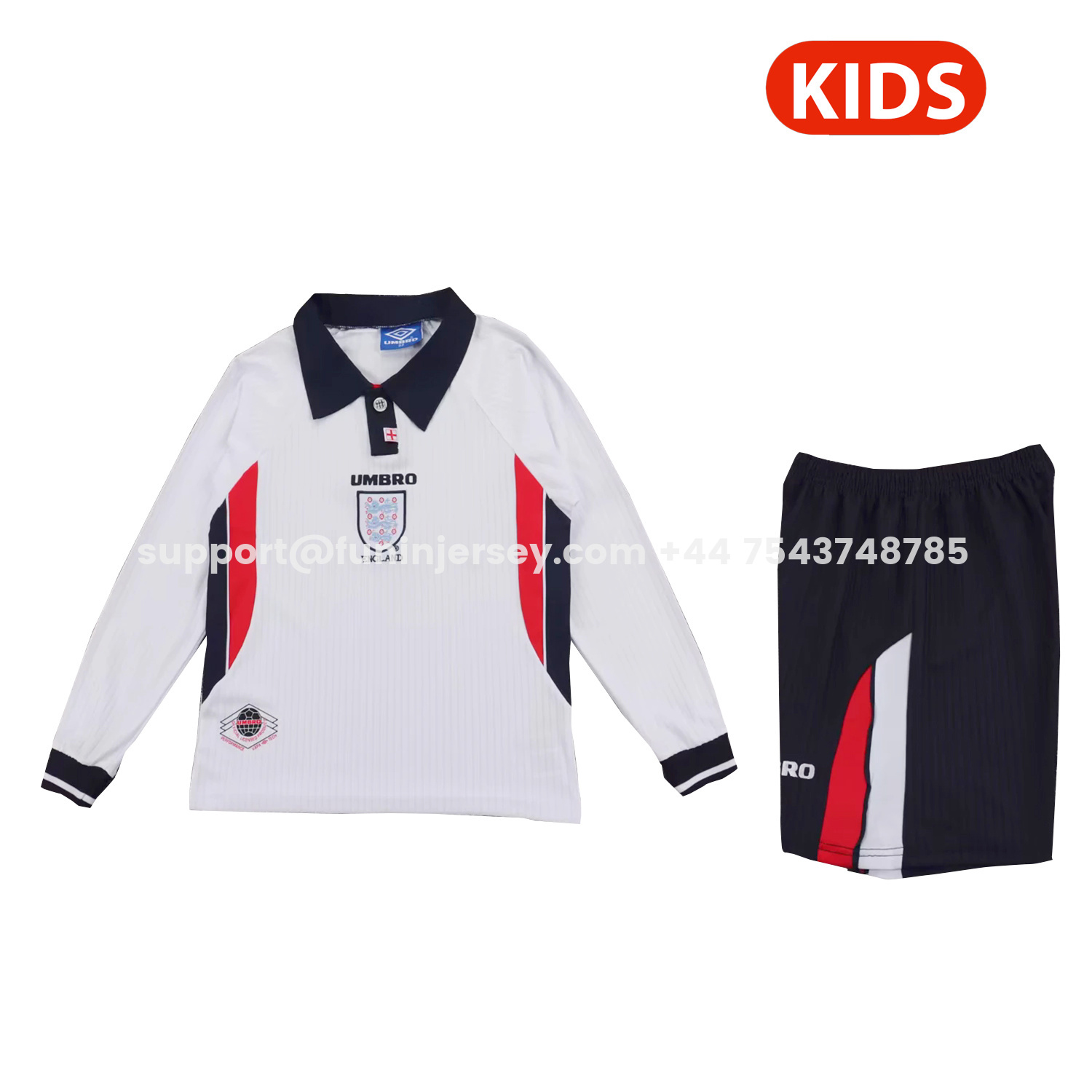 Funinjersey-Retro England 1998 Home Long Sleeves Kids Kit